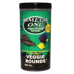 Omega One emballage avant des Veggie Rounds montrant poids et description, nettoie l'eau
