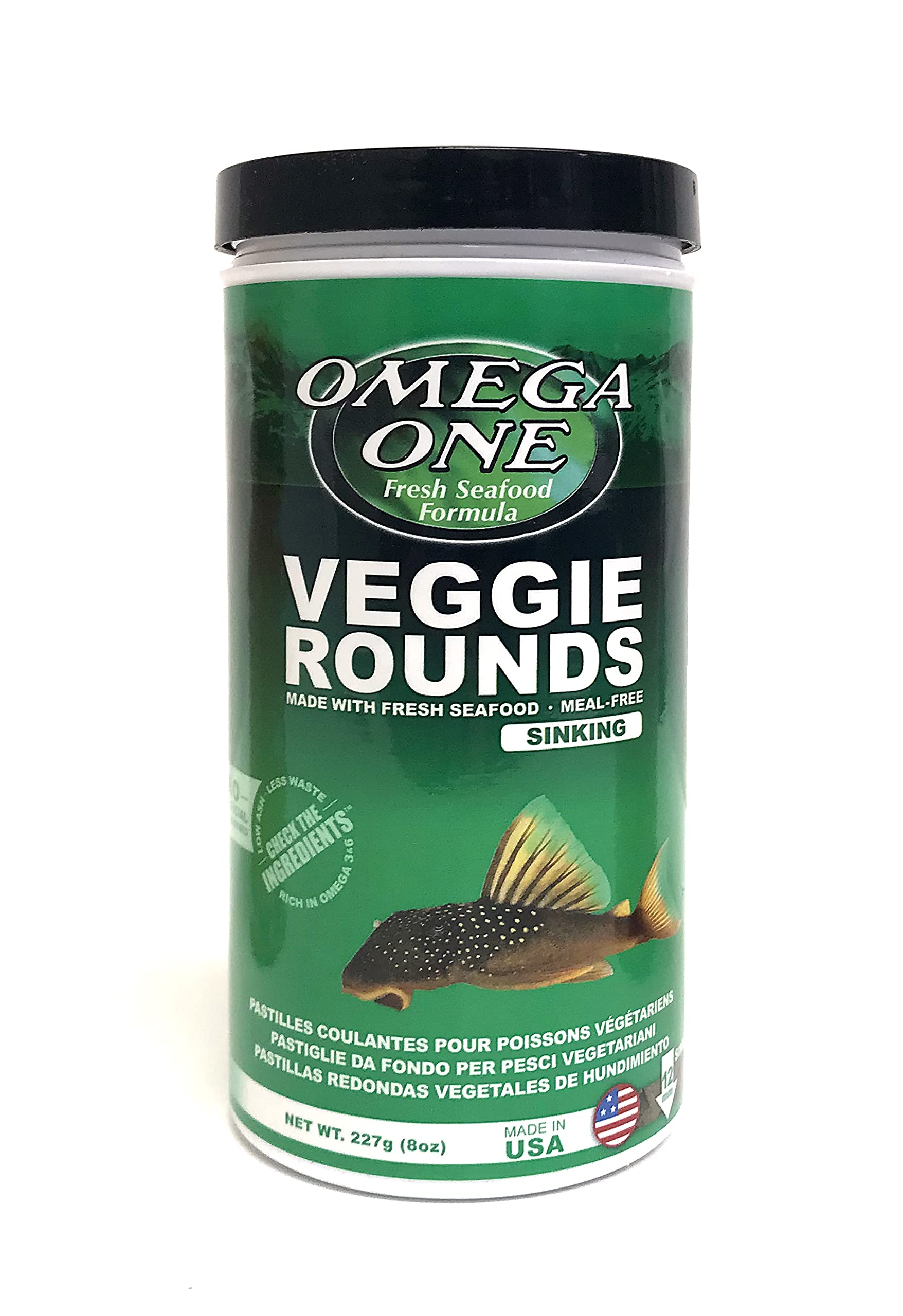 Omega One pot de Veggie Rounds 8 oz affiché sur fond neutre, pratique et scellé
