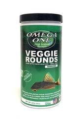 Omega One pot de Veggie Rounds 8 oz affiché sur fond neutre, pratique et scellé
