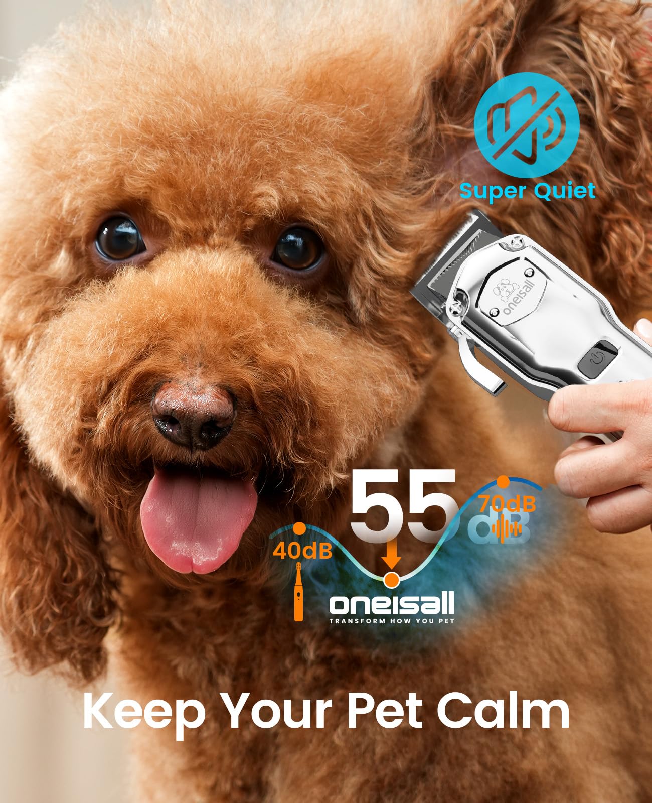 oneisall tondeuse en cours d'utilisation sur chien réduisant stress grâce au silence