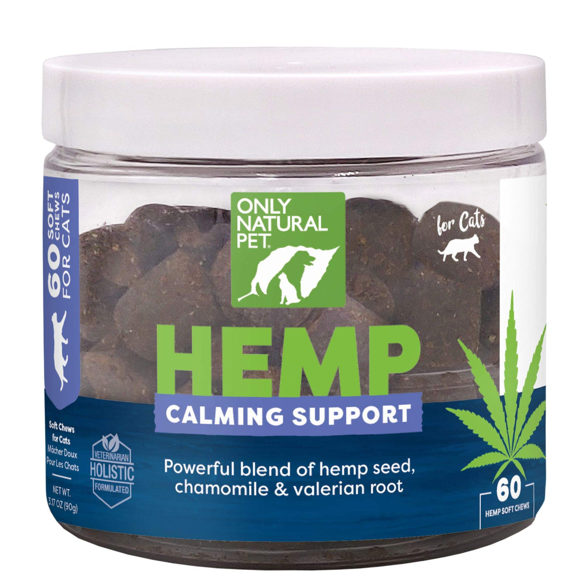 Only Natural Pet emballage avant montrant les 60 friandises et l'usage calmant
