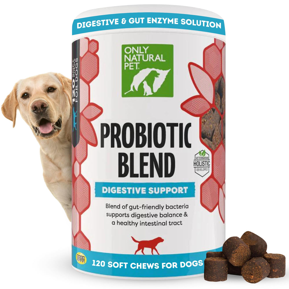 Only Natural Pet emballage avant montrant la formule probiotique et la facilité d'utilisation