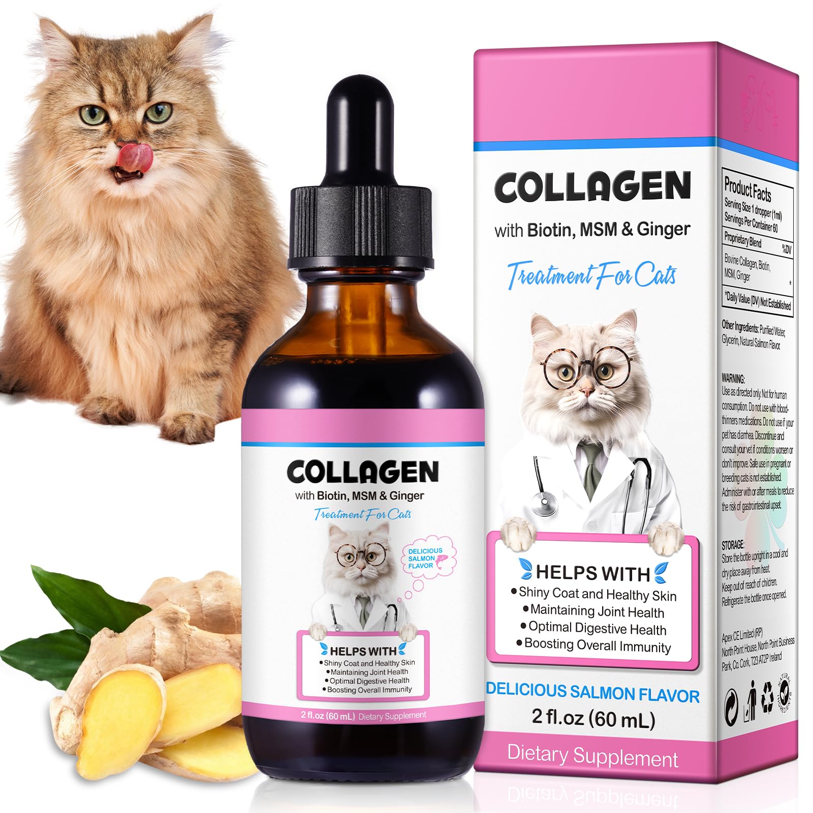 Onznoz flacon Collagen for Cats en gros plan montrant l’étiquette, apporte sécurité