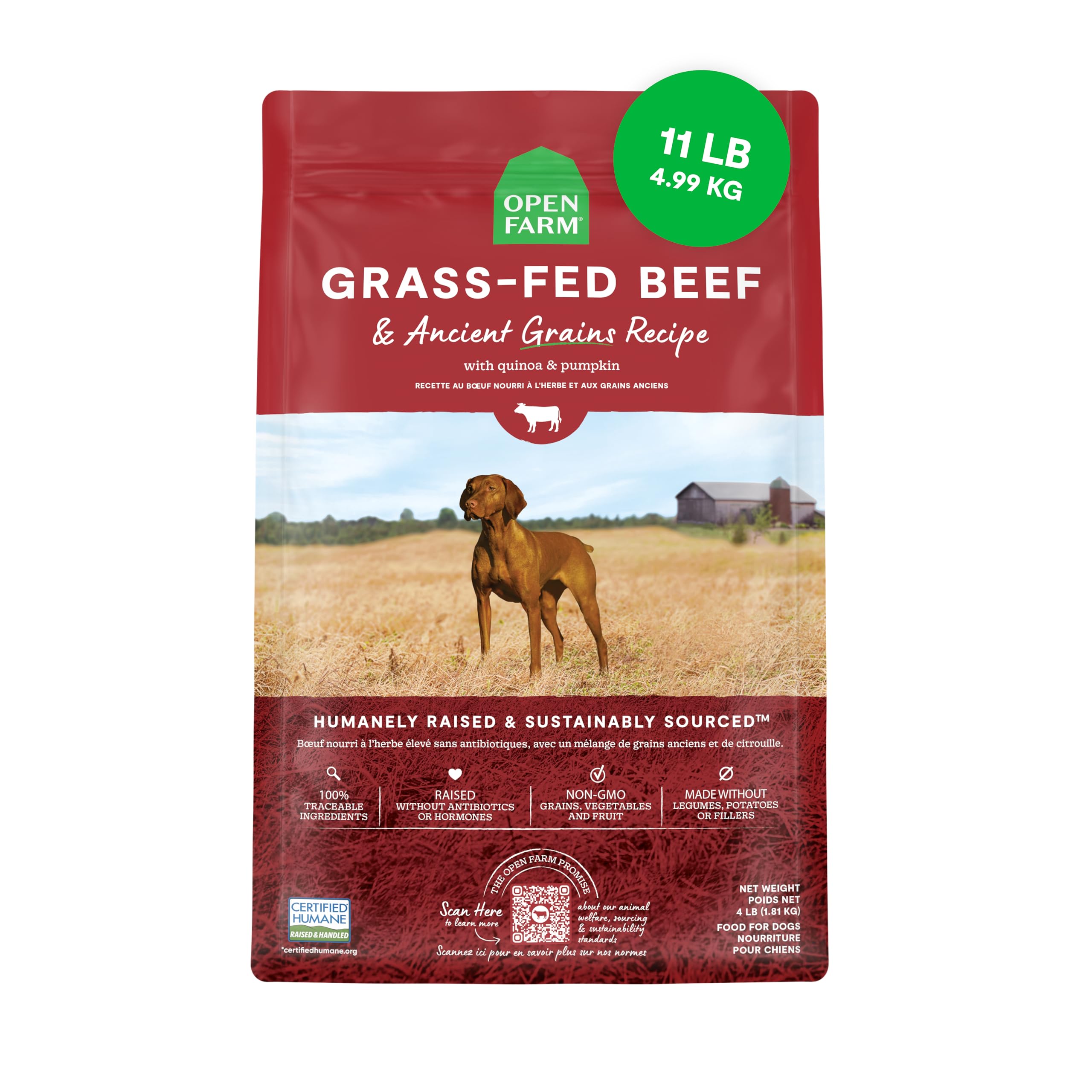 Open Farm sac face montrant recette Ancient Grains et bénéfice nutritionnel