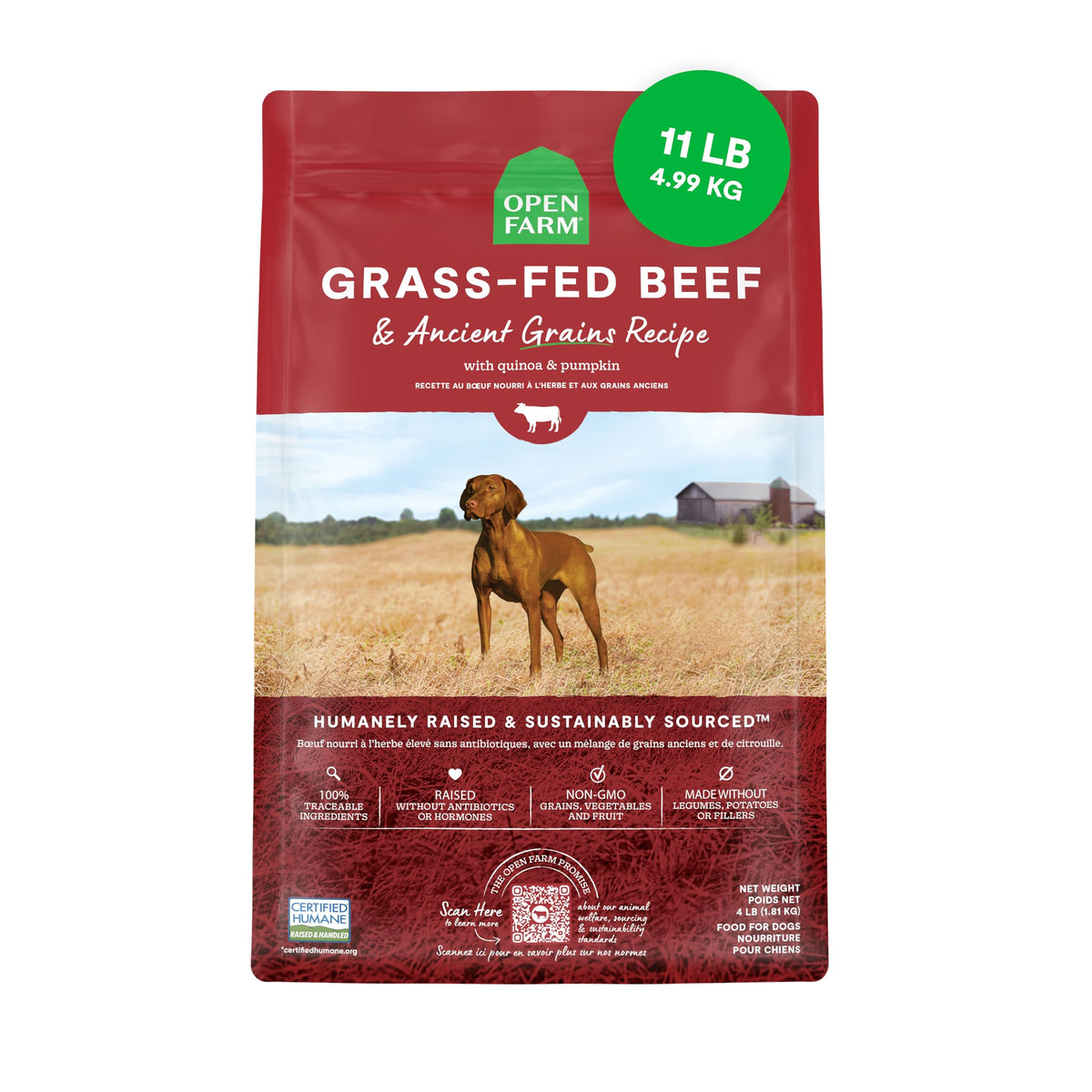 Open Farm sac face montrant recette Ancient Grains et bénéfice nutritionnel