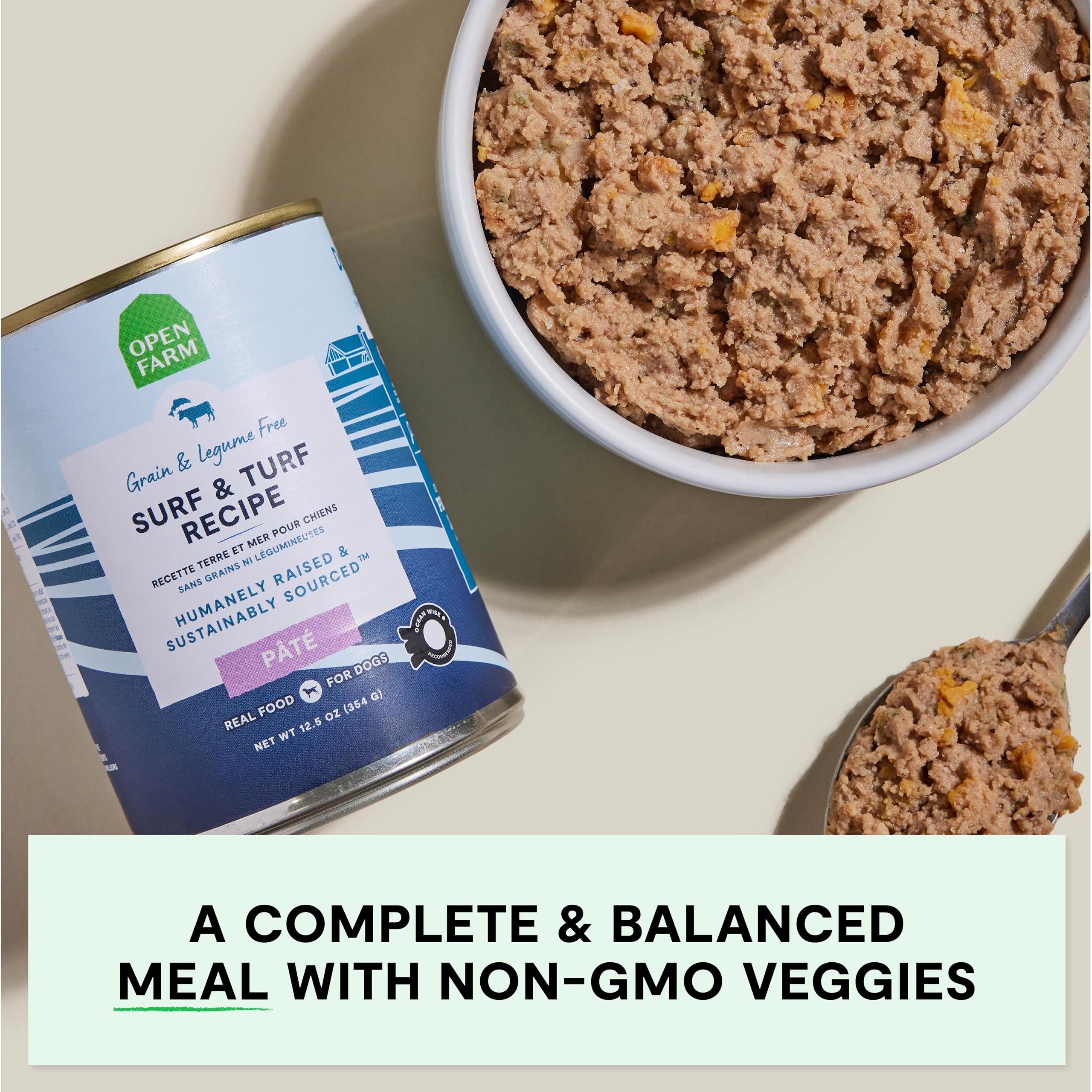 Open Farm boîte ouverte révélant le pâté prêt à servir et nutritif