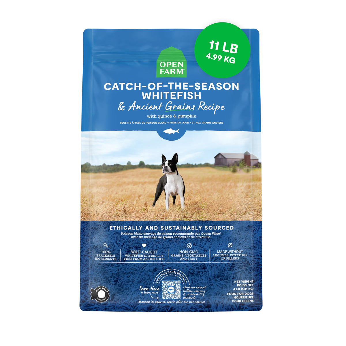 Open Farm emballage avant 11lb montrant ingrédients traçables et bénéfices
