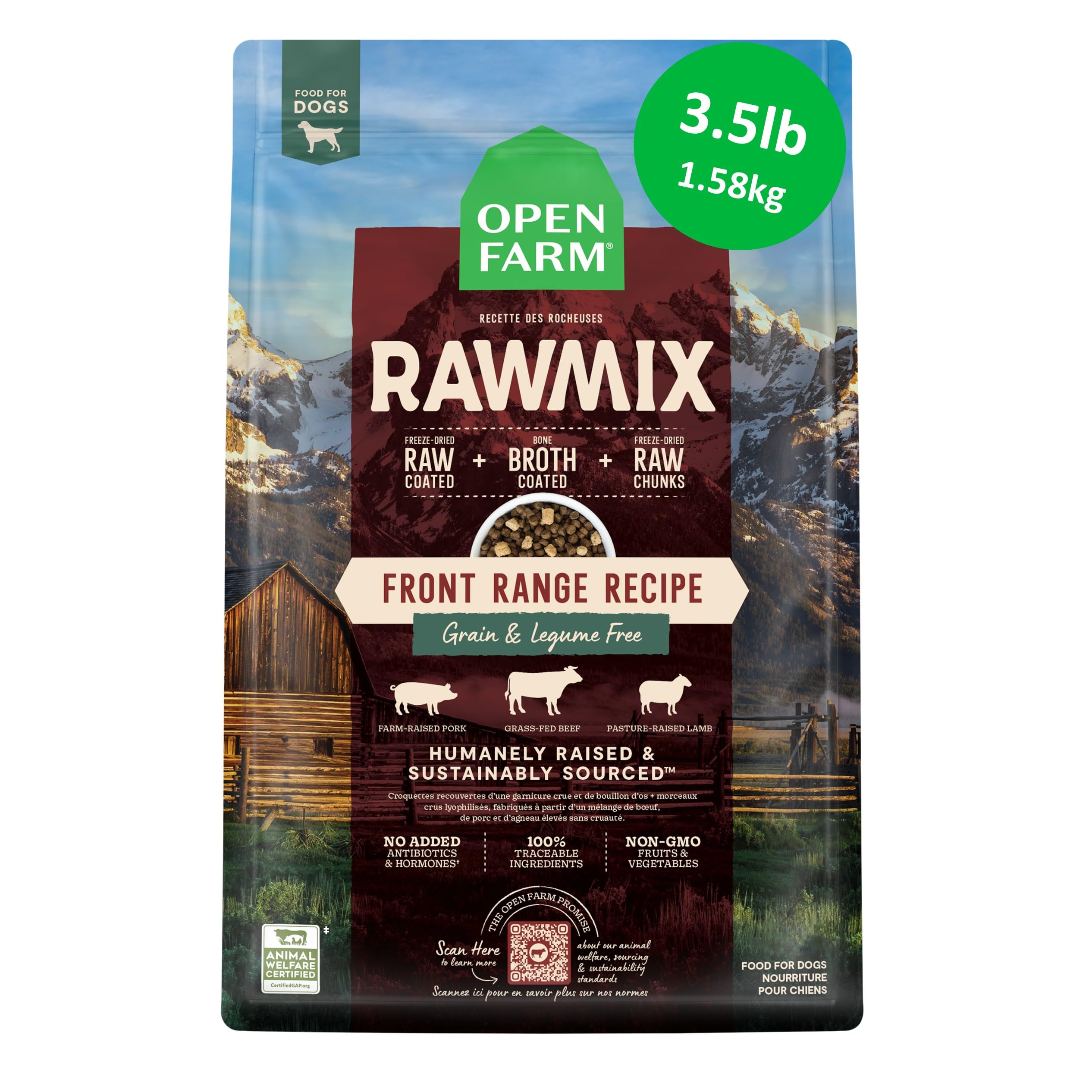 Open Farm emballage avant Front Range montrant ingrédients de qualité