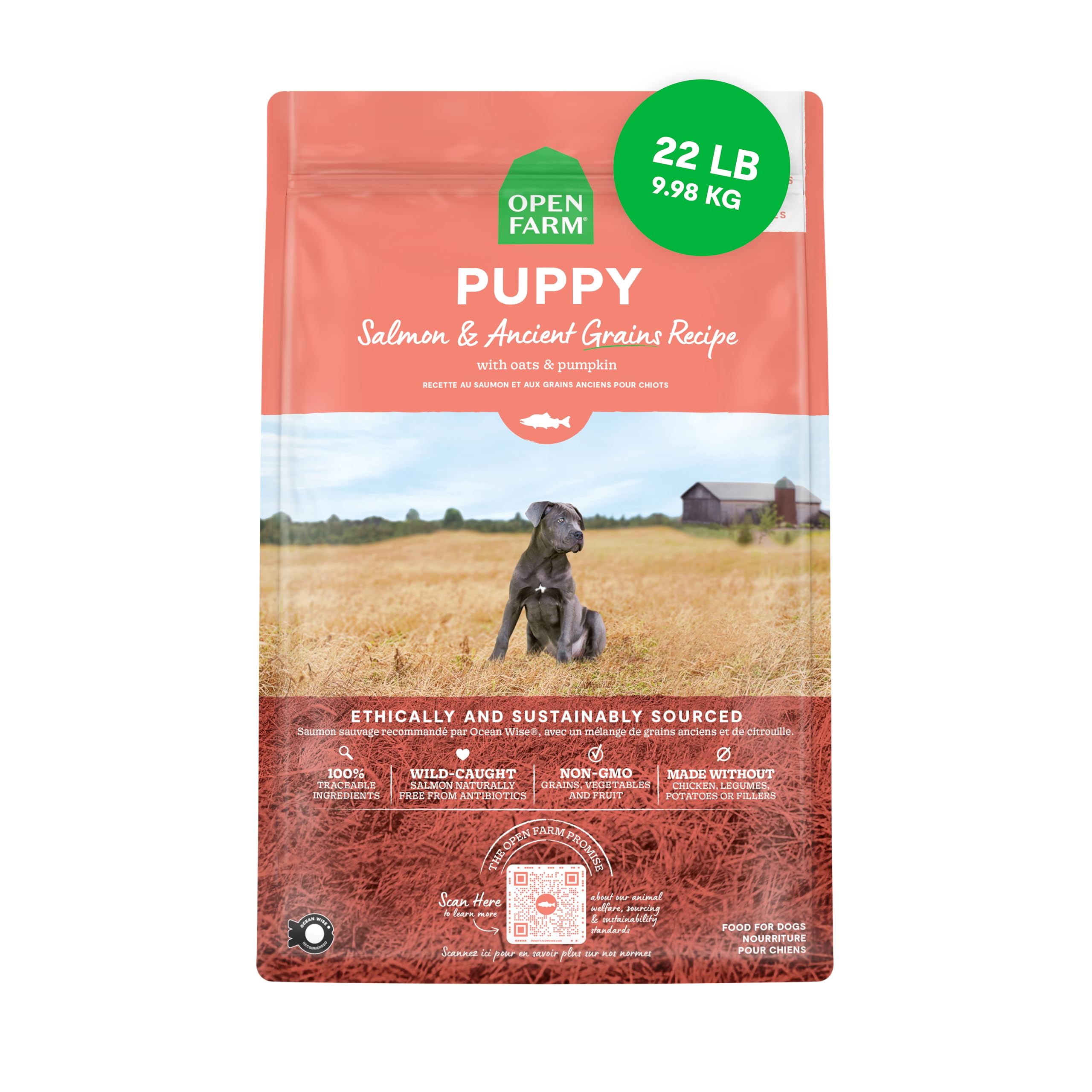 Open Farm emballage devant 22 lb montrant la recette traçable