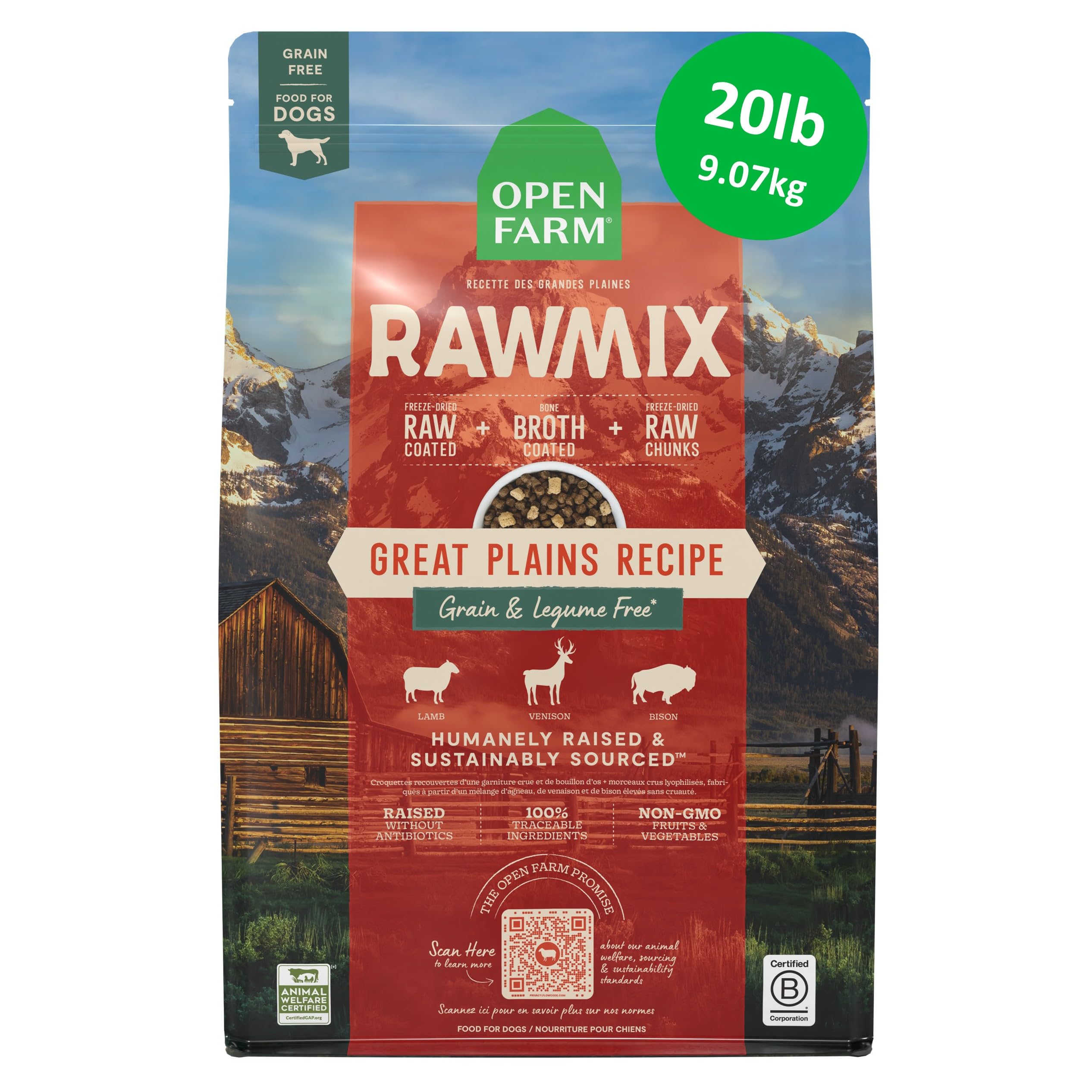 Open Farm emballage avant du sac de 20 lb montrant l'étiquette et la composition bénéfique