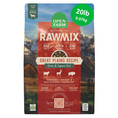 Open Farm emballage avant du sac de 20 lb montrant l'étiquette et la composition bénéfique