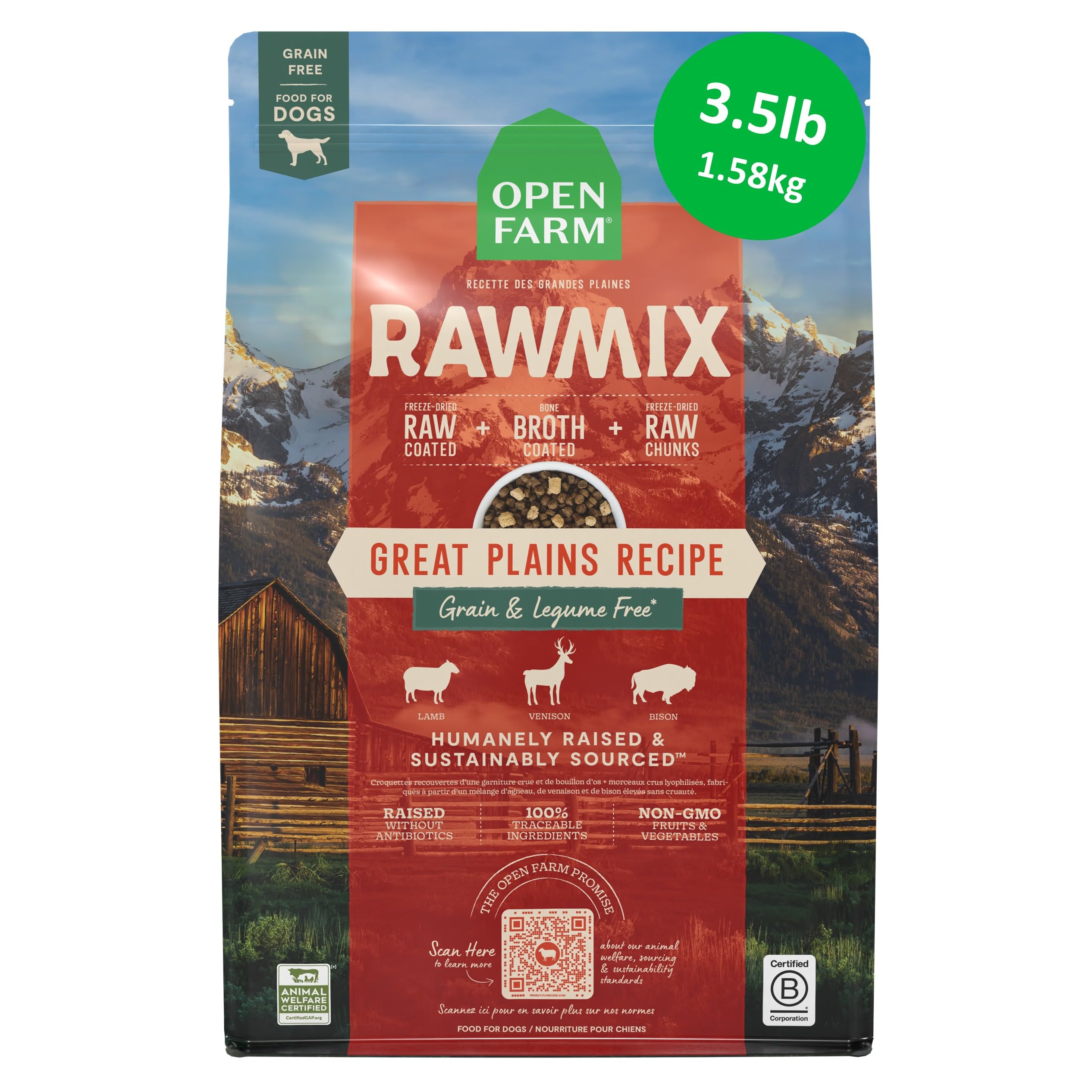 Open Farm sac 3,5 lb Great Plains montrant l'emballage et la composition