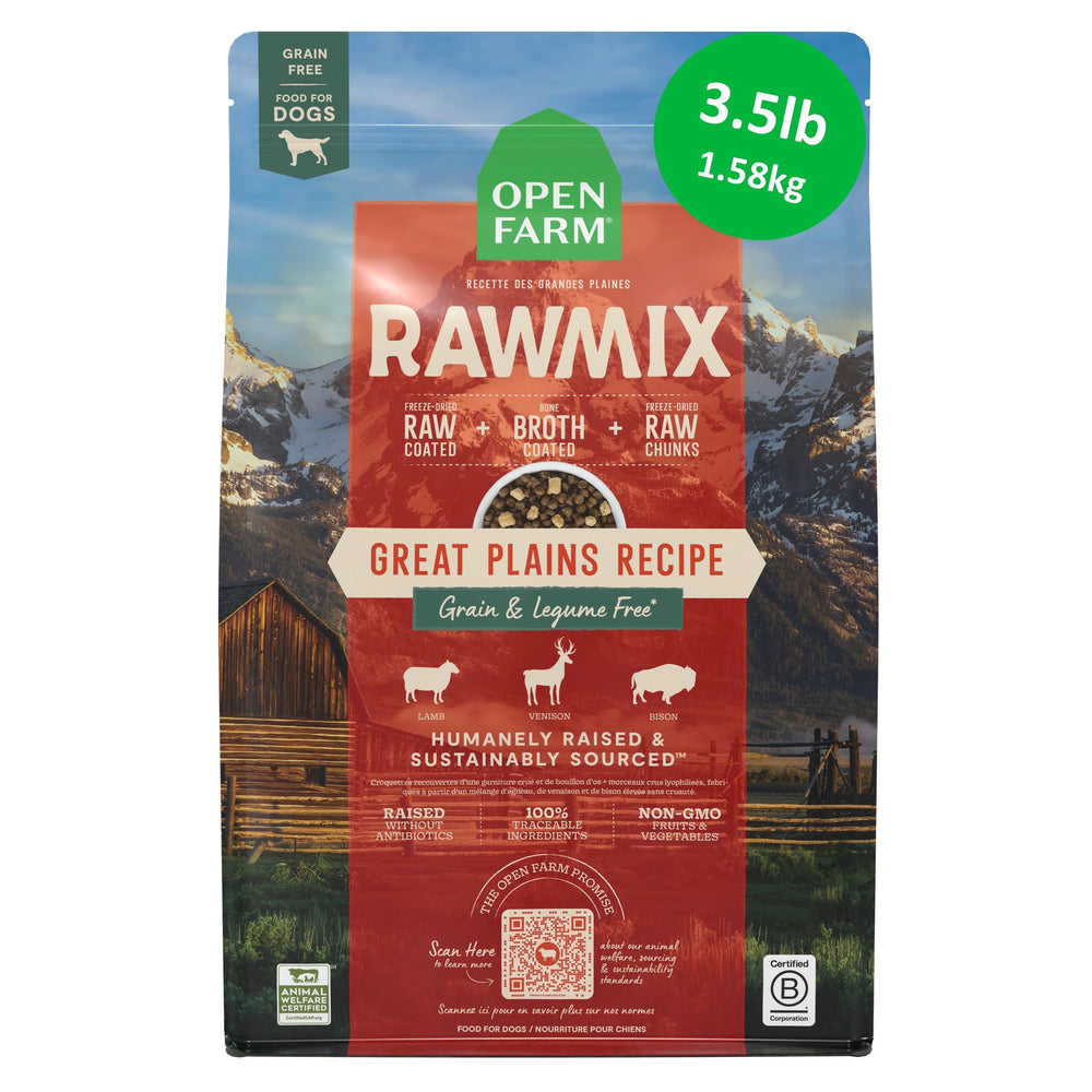Open Farm sac 3,5 lb Great Plains montrant l'emballage et la composition