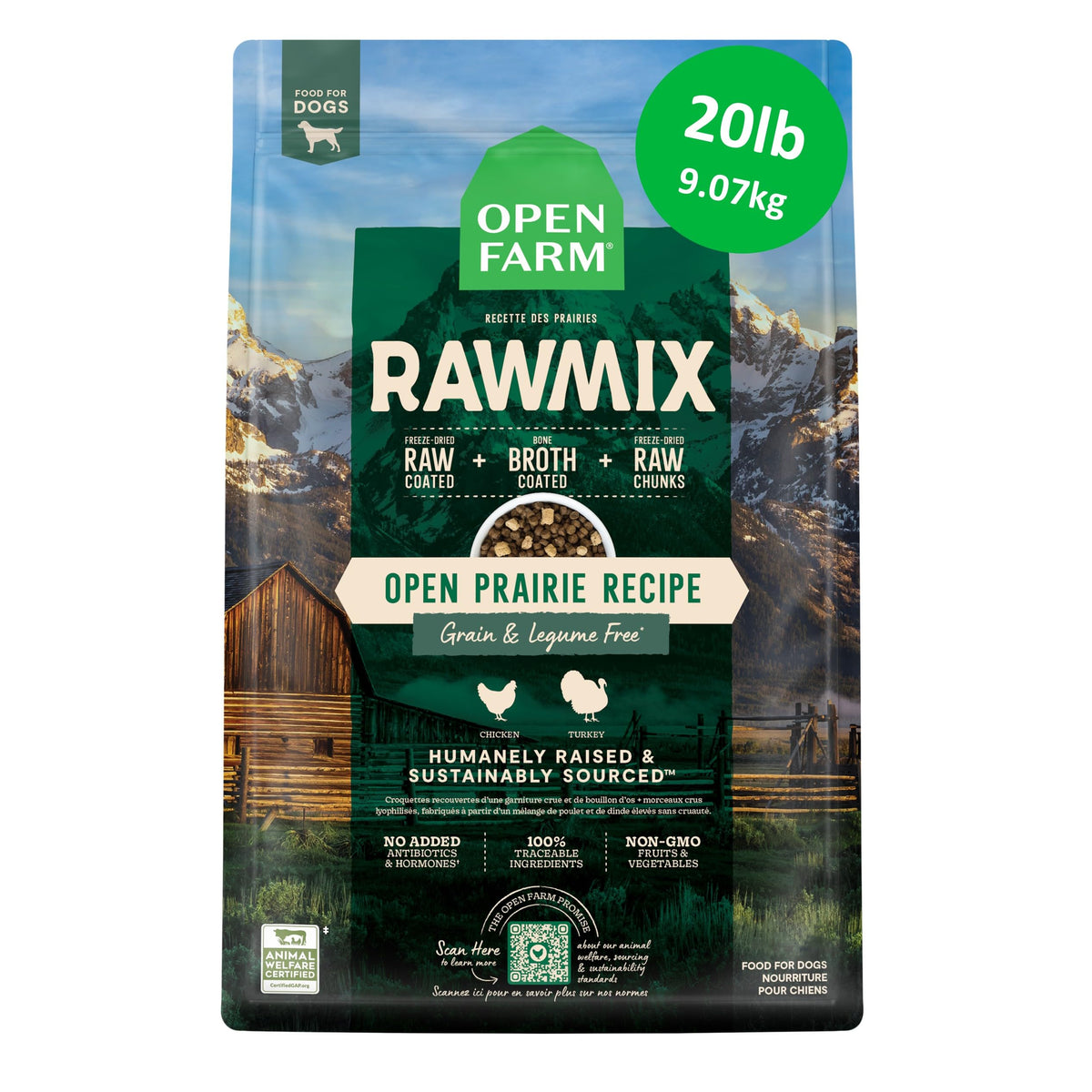 Open Farm sac Open Prairie 20 lb montrant l'emballage et la composition traçable