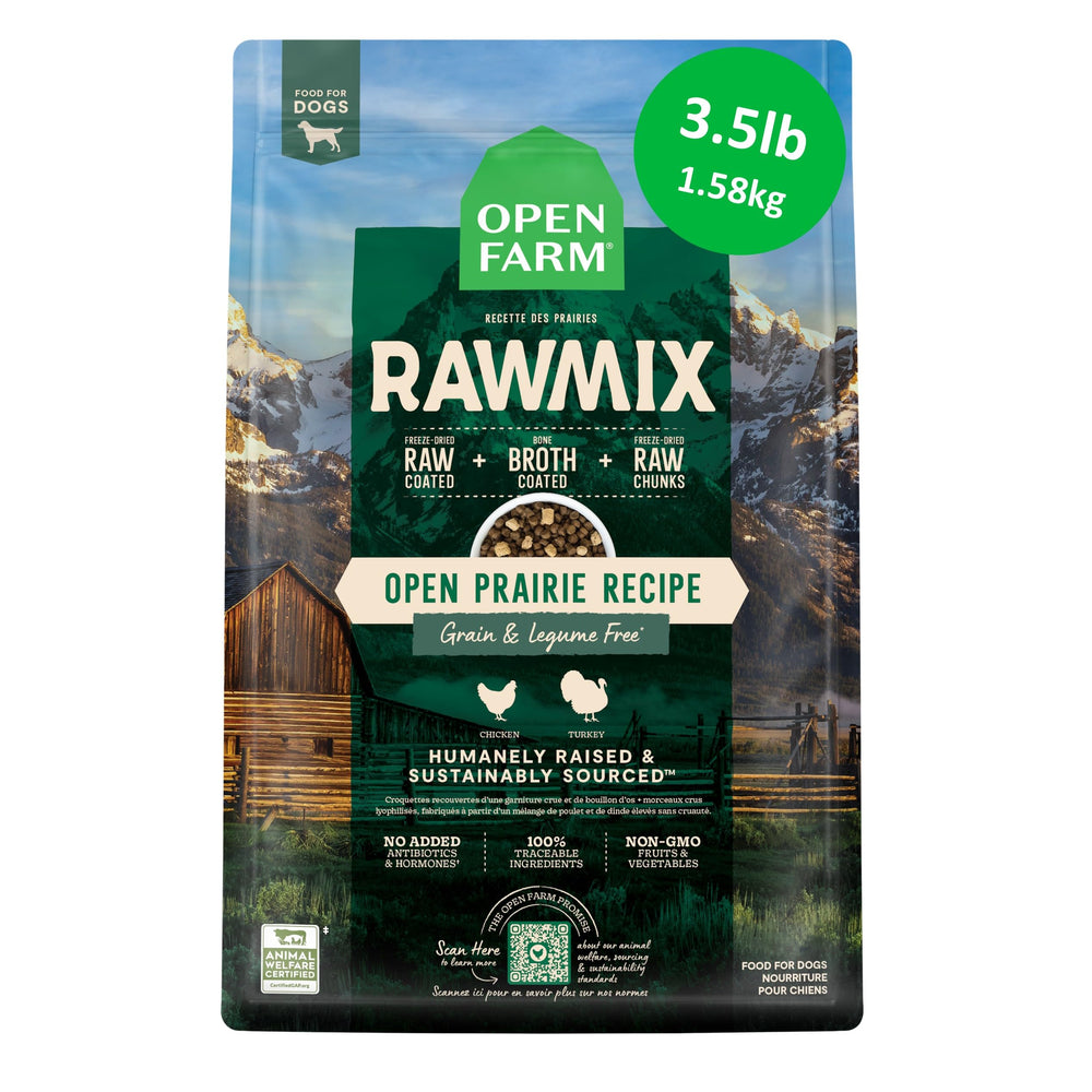 Open Farm sac Open Prairie face montrant l'emballage et bénéfice traçabilité