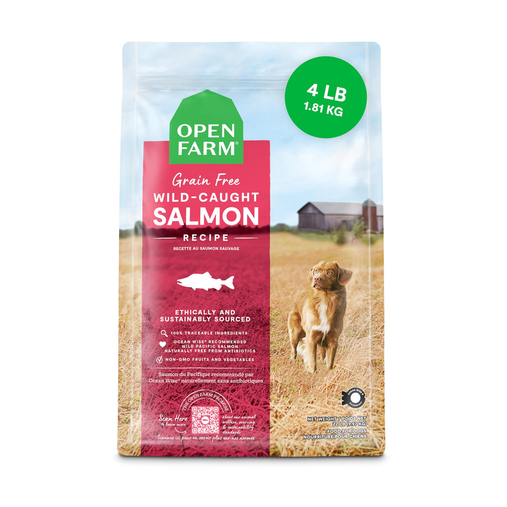 Open Farm paquet face montrant l'emballage traçable et bénéfice transparence