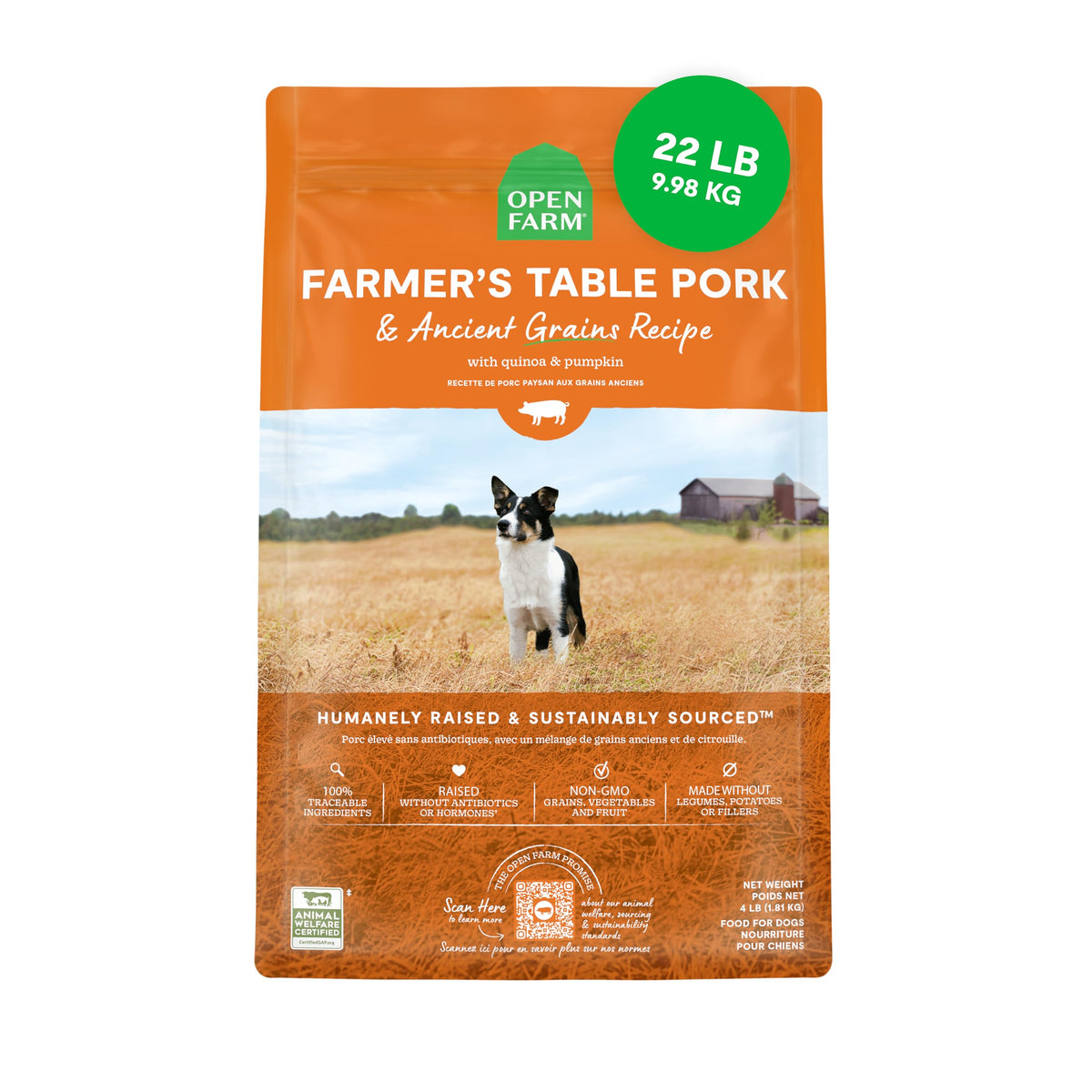 Open Farm sac de 22 lb face visible montrant l'étiquette et la traçabilité