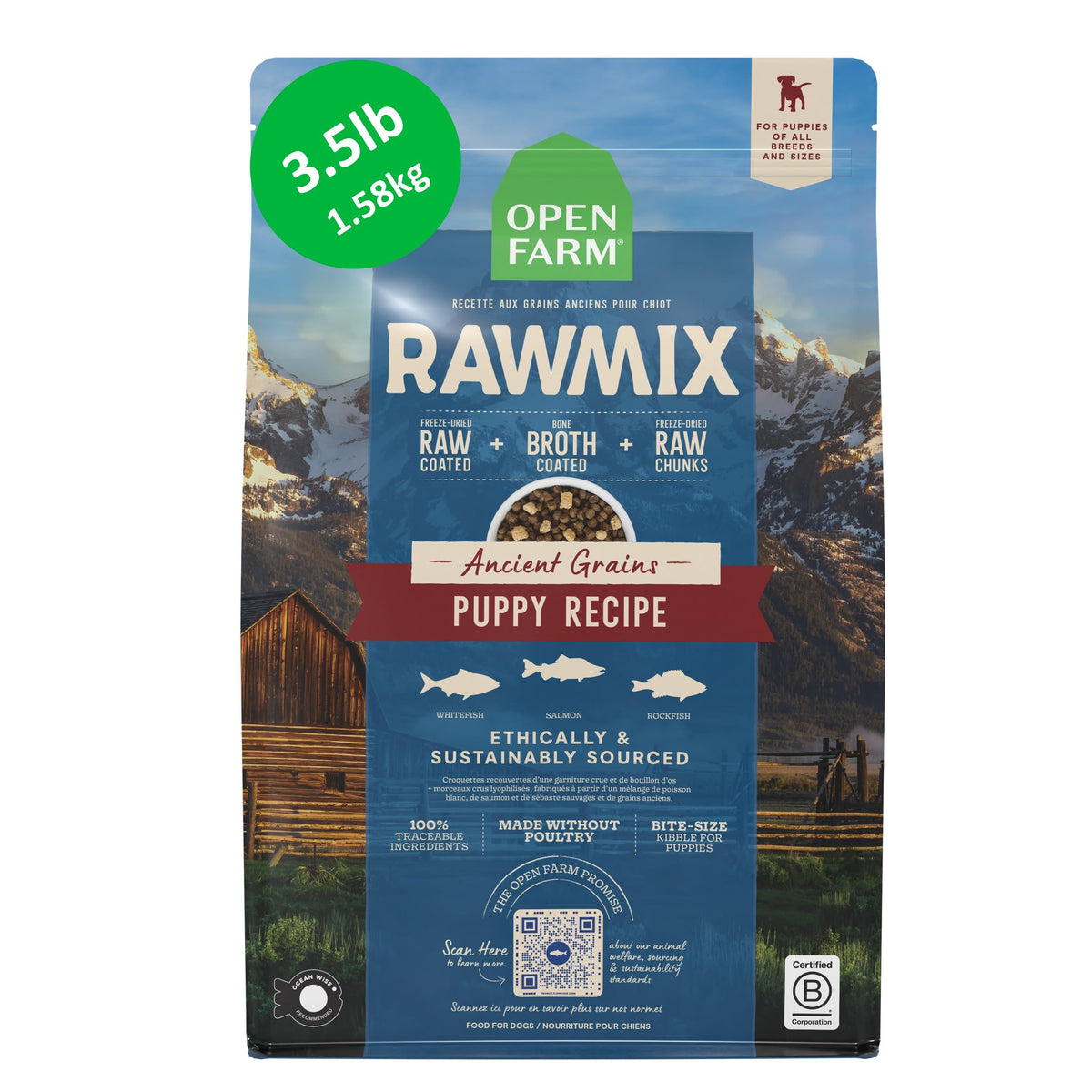Open Farm sac avant montrant la marque et bénéfice nutritionnel