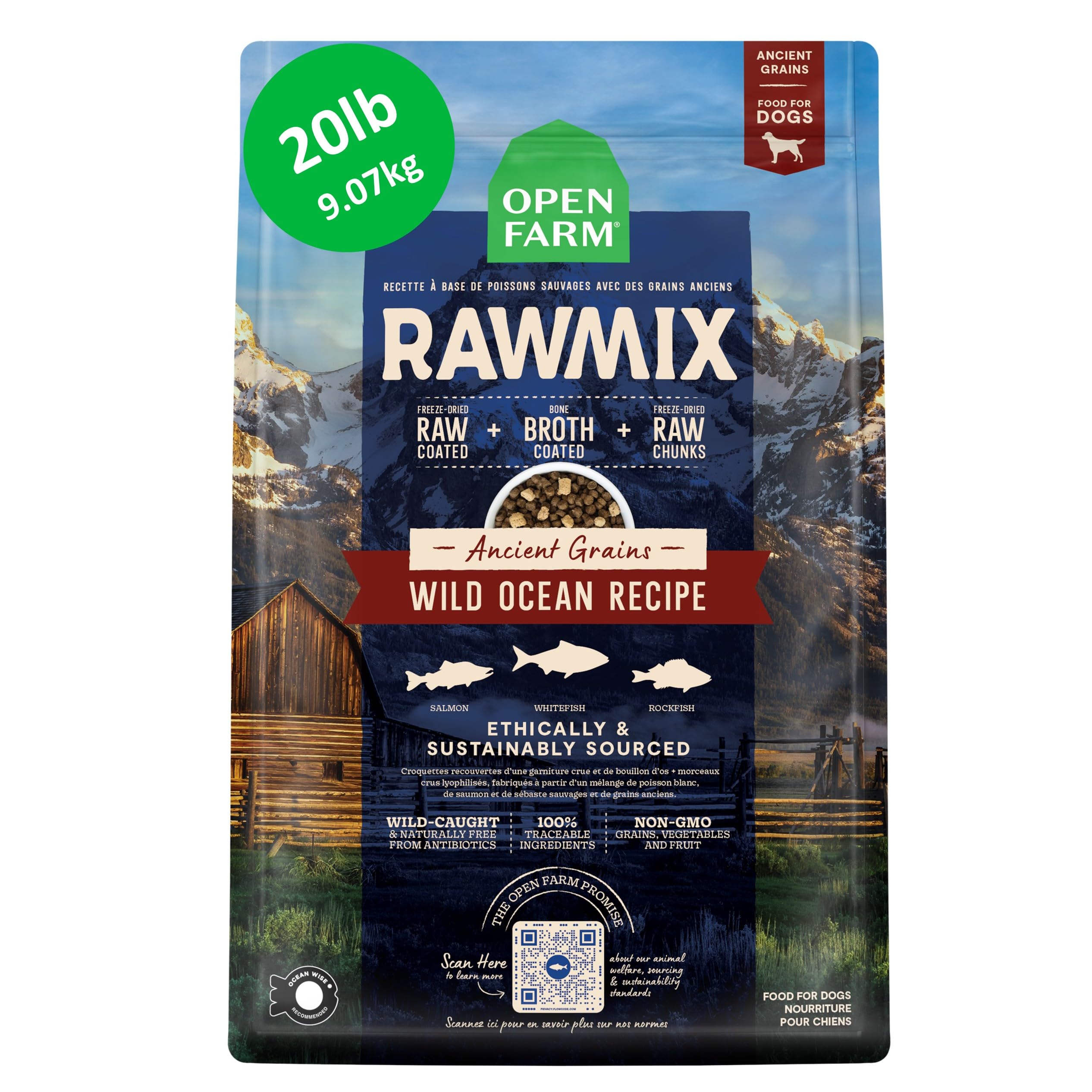 Open Farm sachet avant montrant l'emballage et l'information produit bénéfice traçabilité