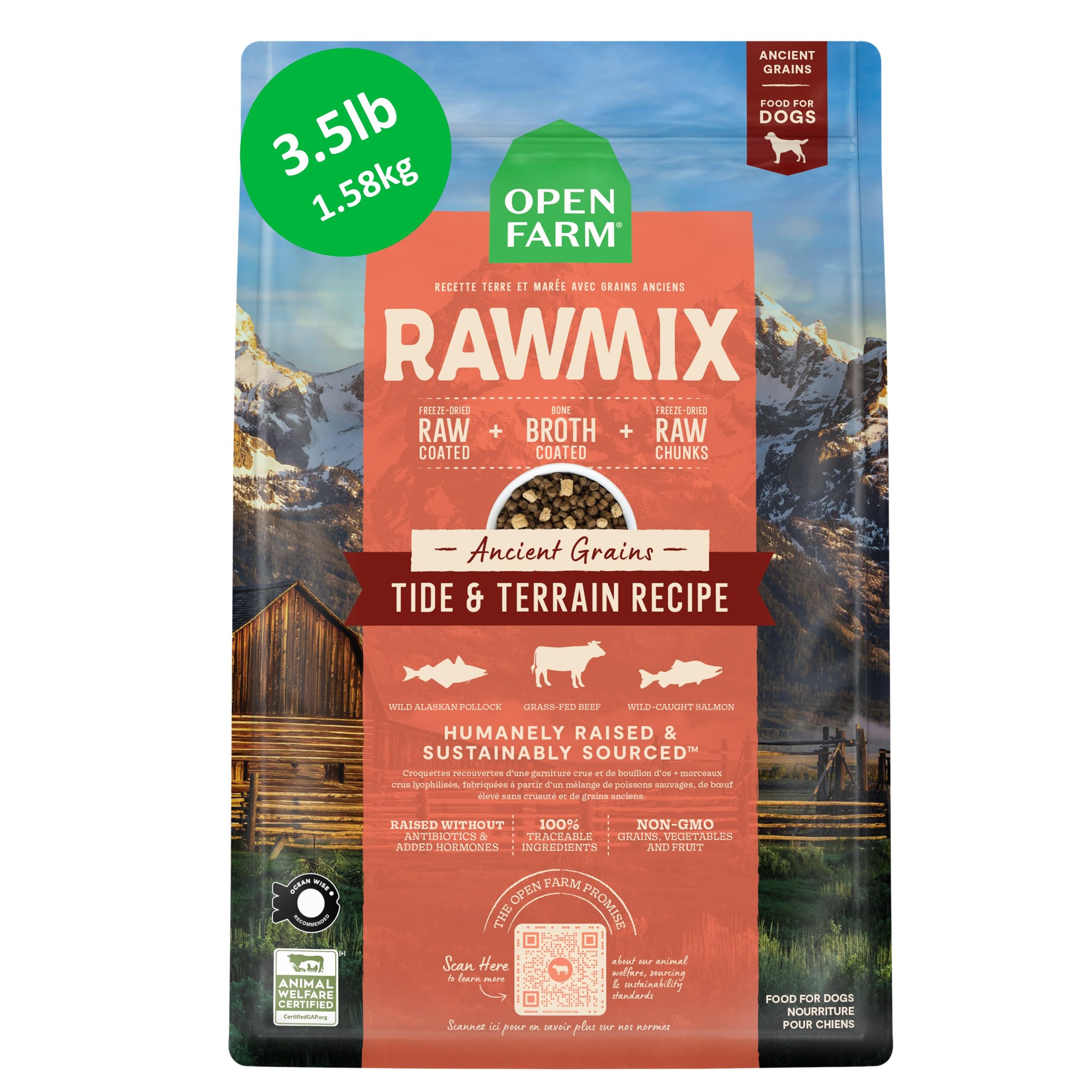 Open Farm emballage avant montrant recette Tide & Terrain et bénéfice clarté