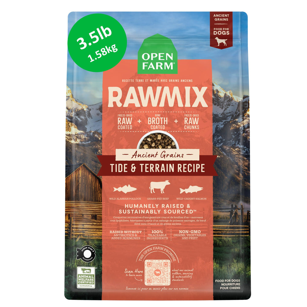 Open Farm emballage avant montrant recette Tide & Terrain et bénéfice clarté