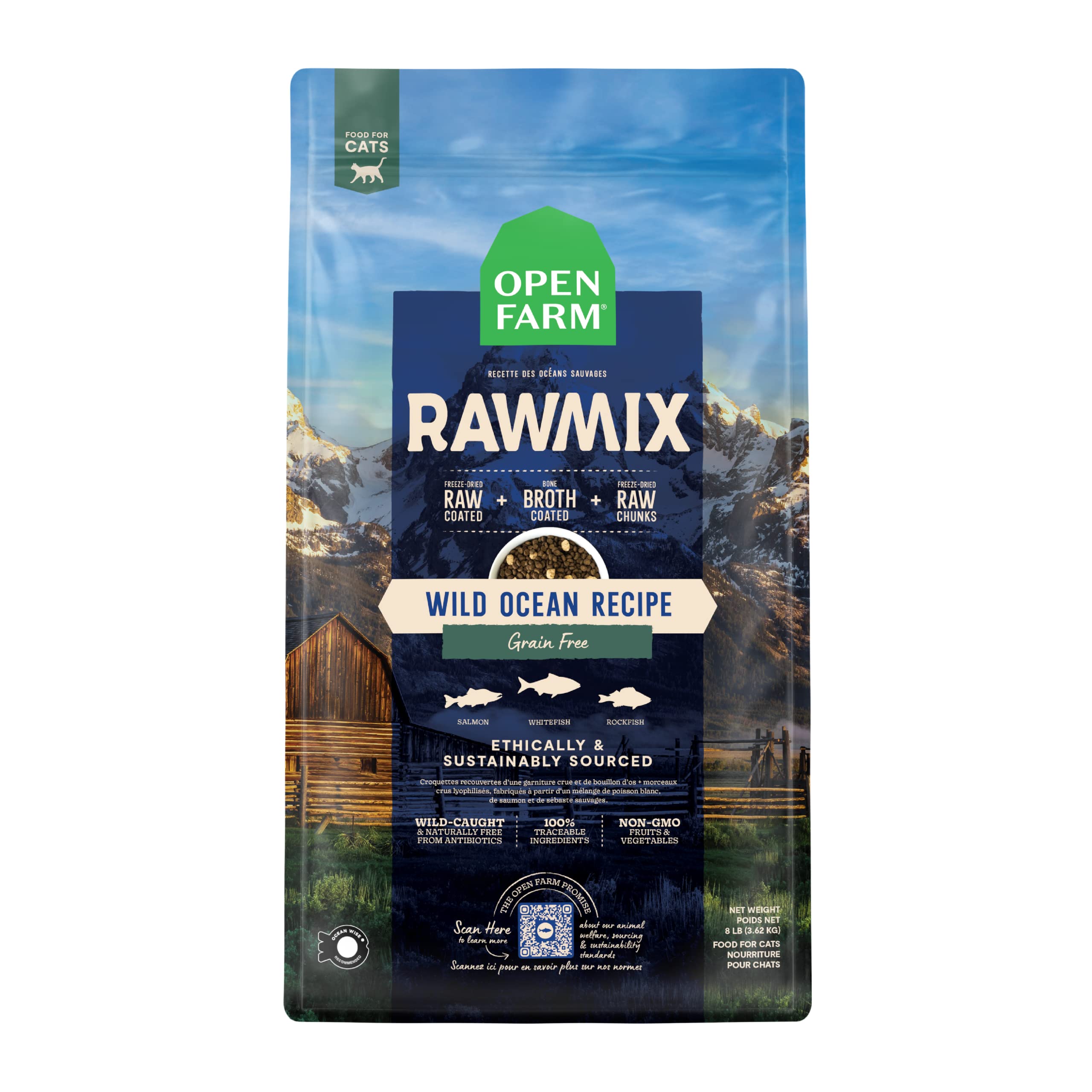 Open Farm emballage avant montrant formule Wild Ocean et traçabilité