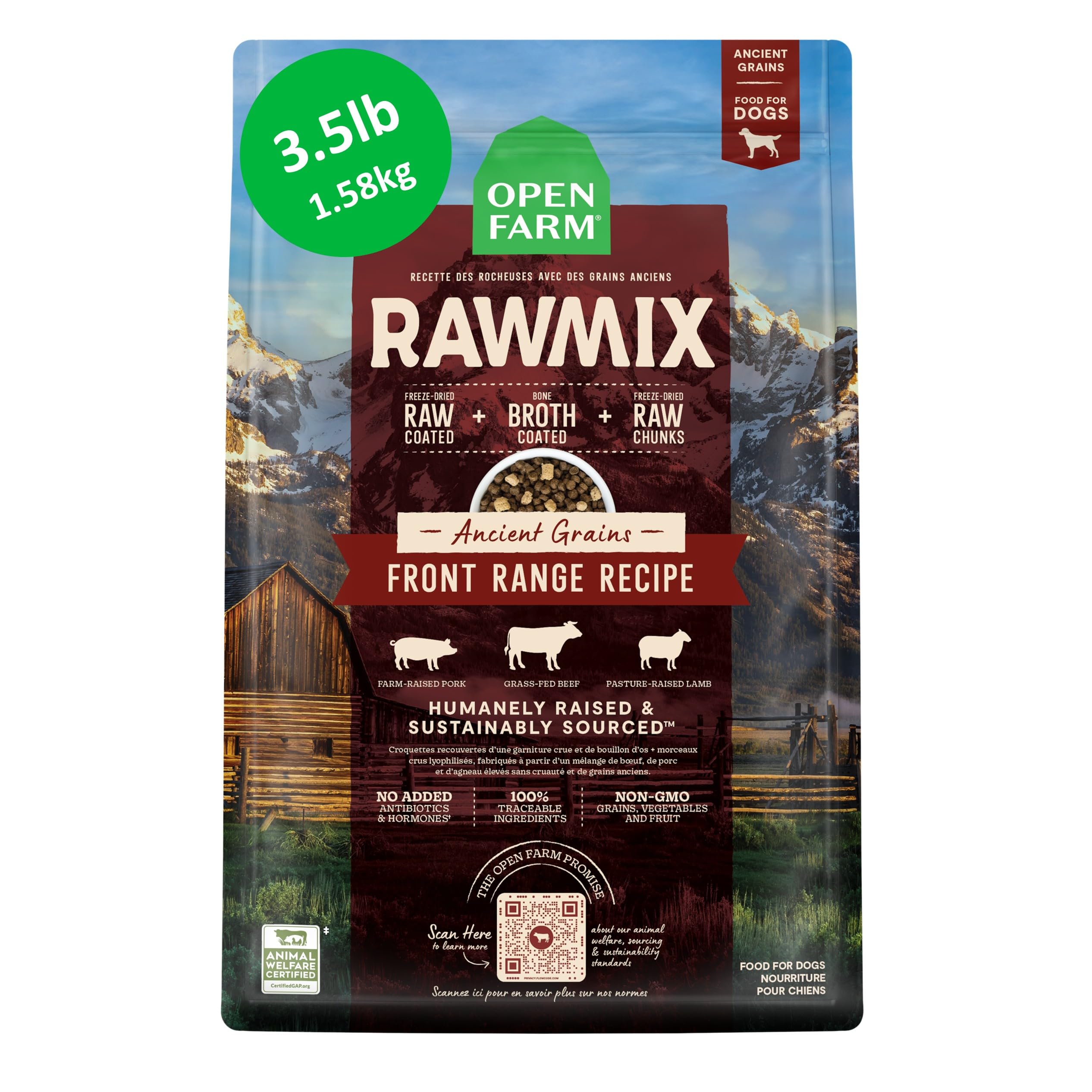 Open Farm sachet avant montrant design et poids, rassure sur qualité