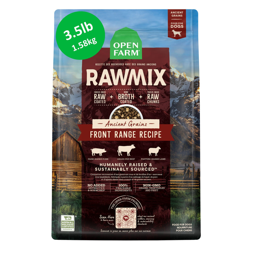 Open Farm sachet avant montrant design et poids, rassure sur qualité