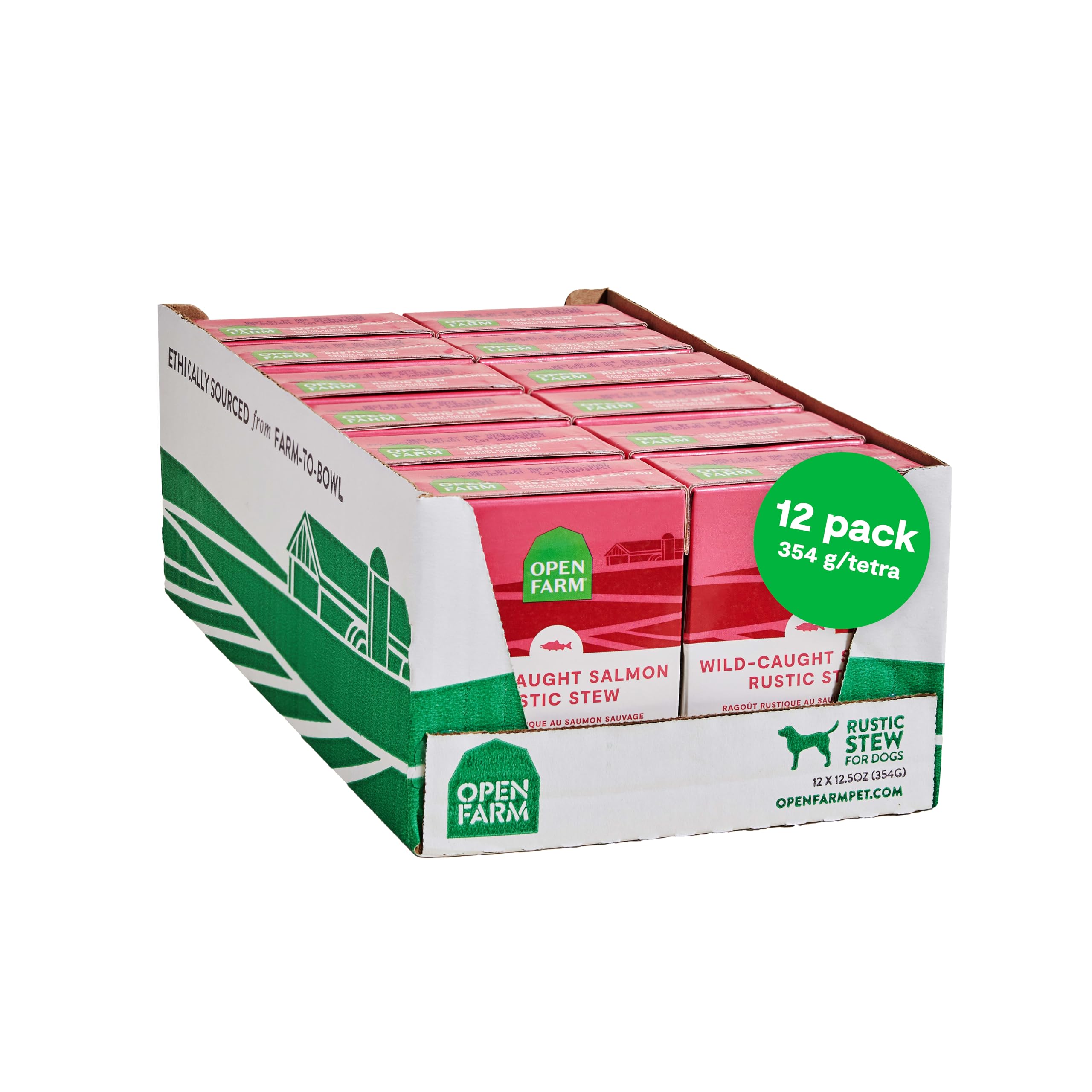 Open Farm emballage face montrant le saumon sauvage et ingrédients traçables