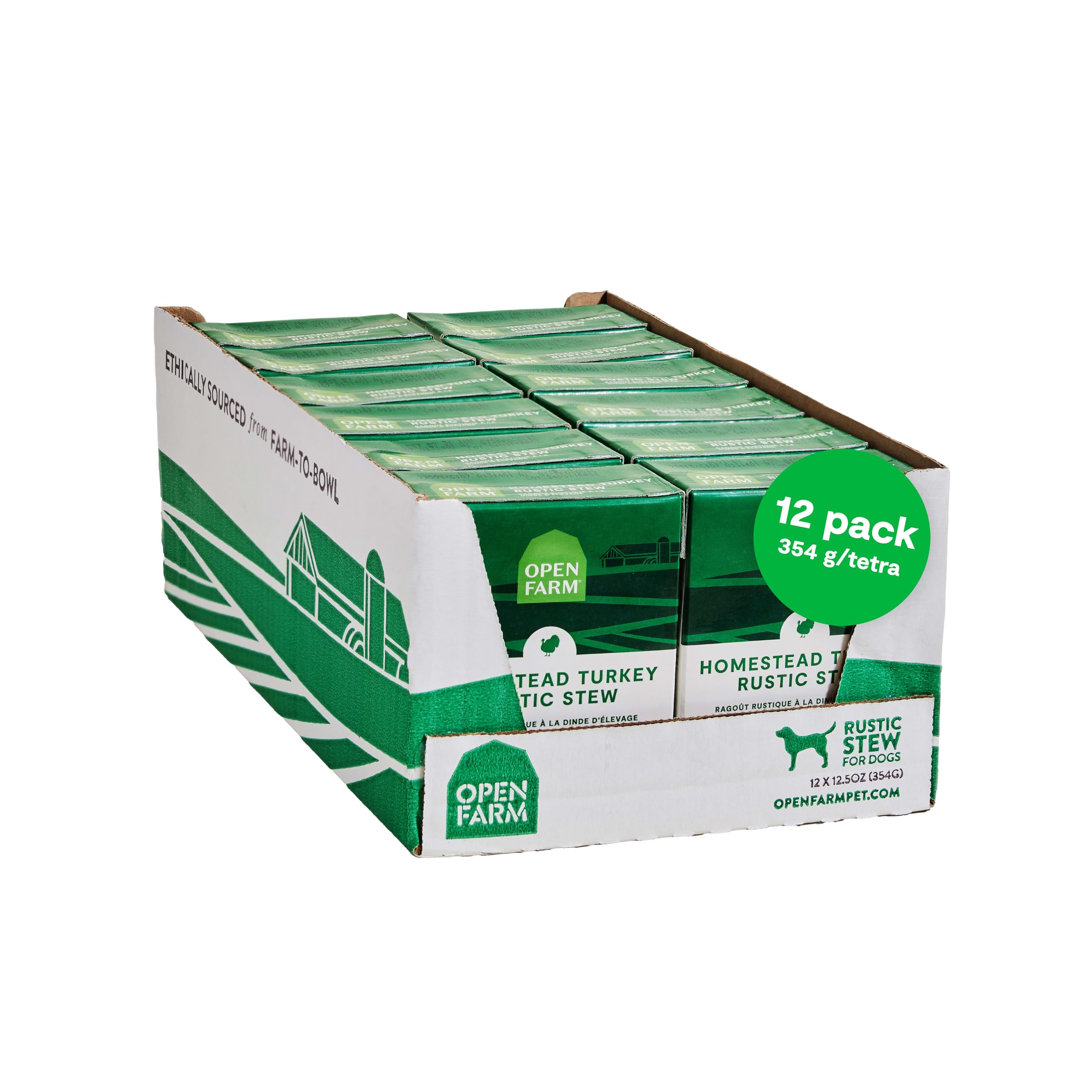 Open Farm packaging avant montrant la recette Homestead Turkey et qualité traçable
