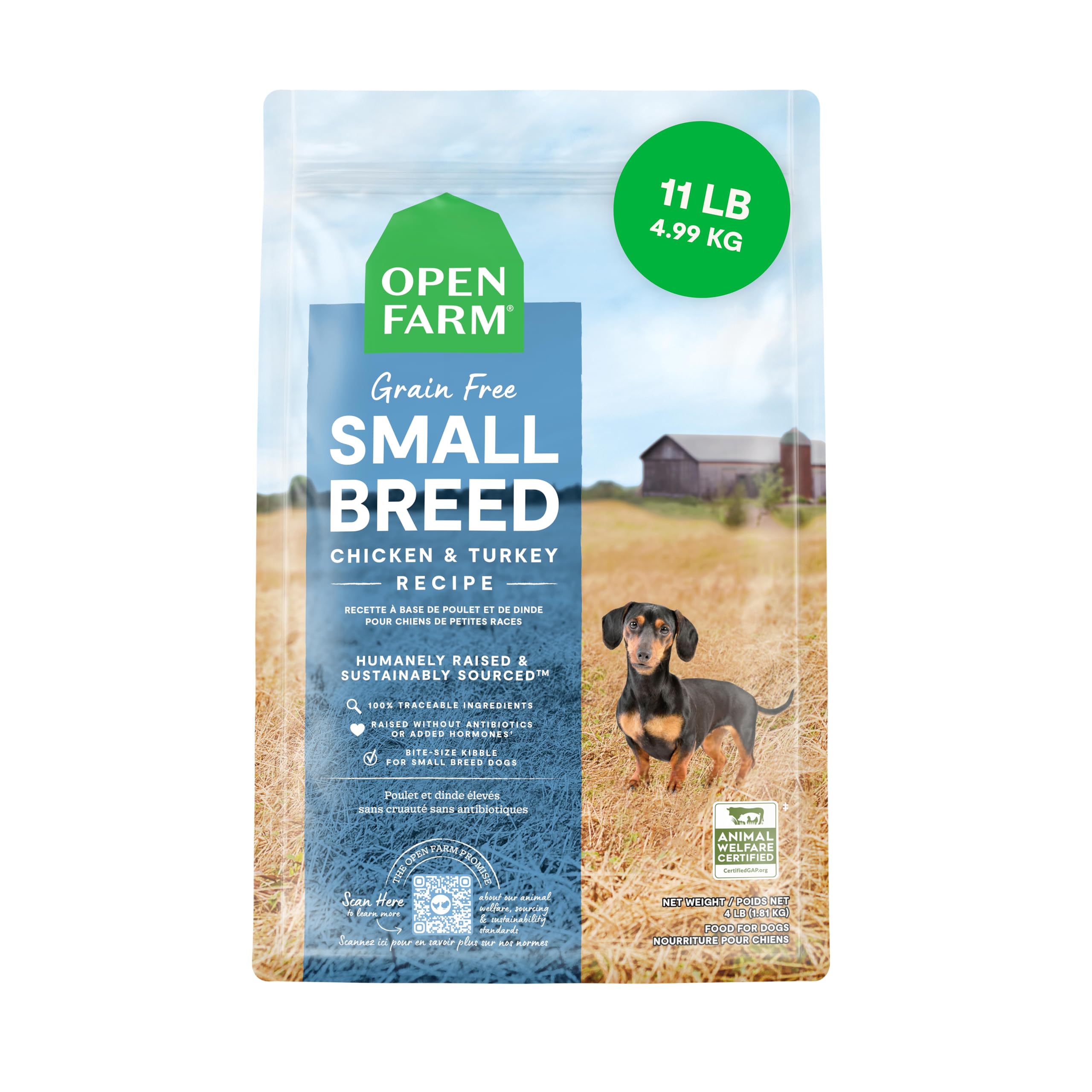 Open Farm sac 11 lb montrant l'emballage et informations traçables pour confiance