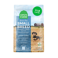 Open Farm sac 11 lb montrant l'emballage et informations traçables pour confiance