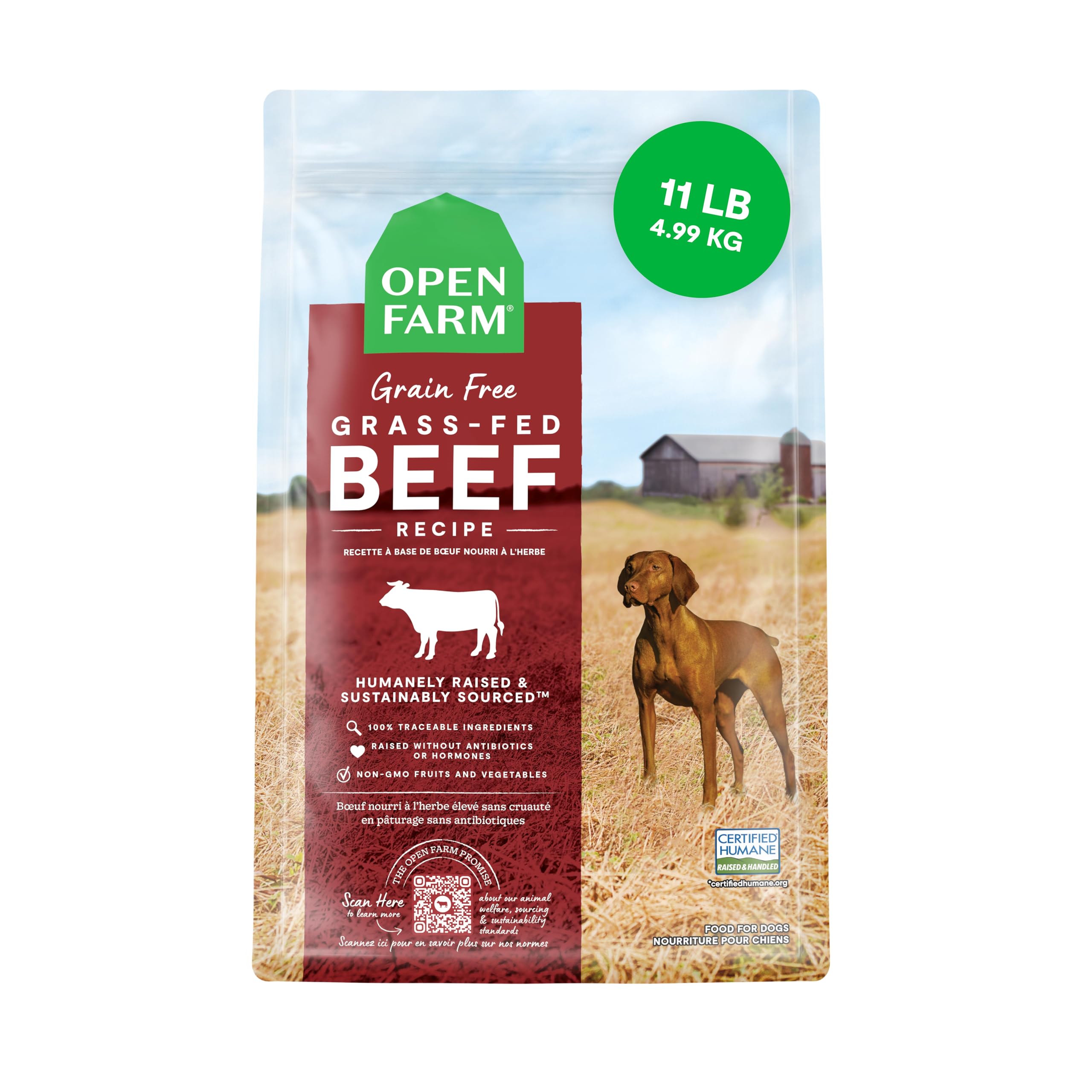 Open Farm sac avant montrant la marque et l'engagement traçable
