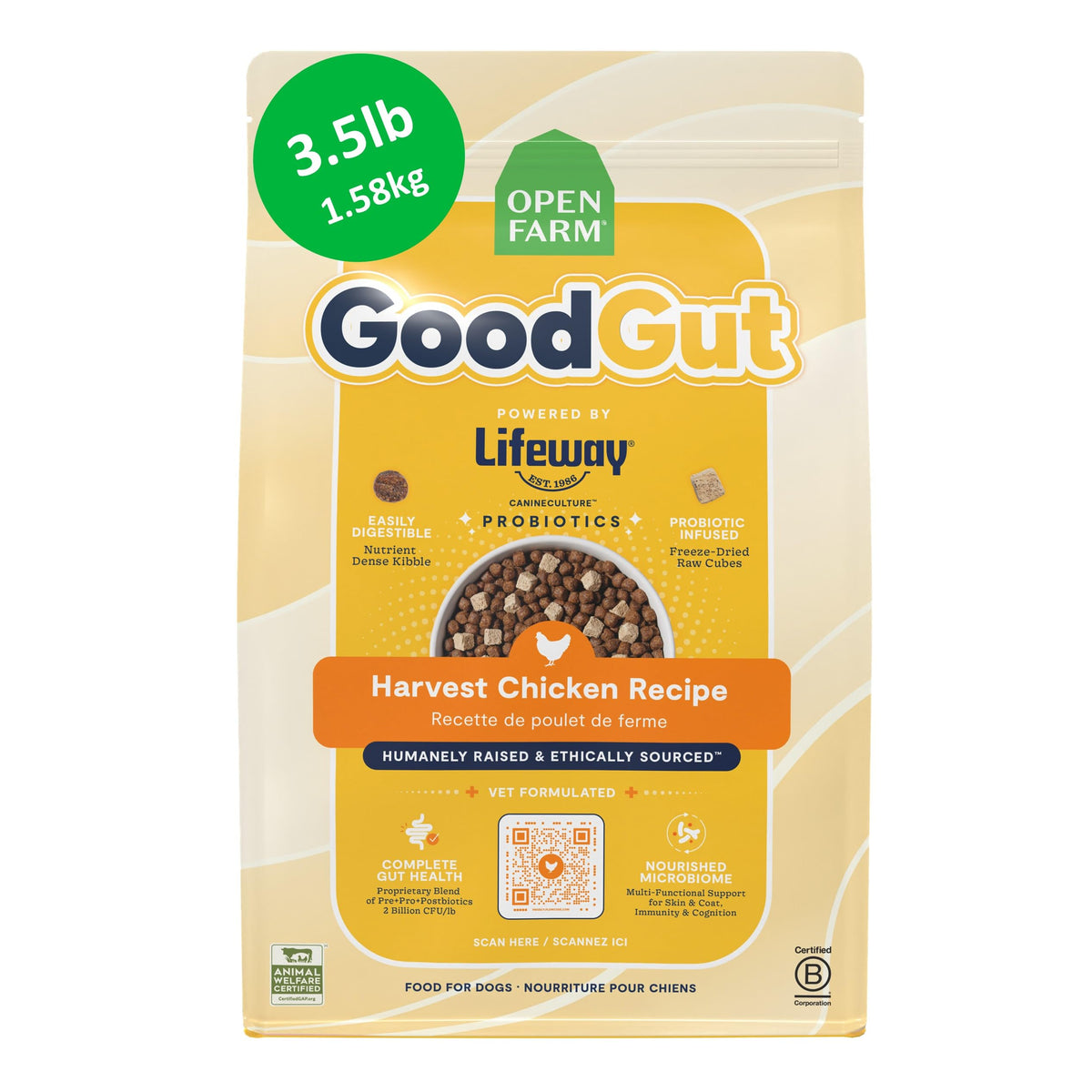 Open Farm sac 3,5 lb face montrant l'emballage et les informations produit, facilite le choix