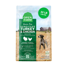 Open Farm sac 22 lb face avant montrant la recette dinde et poulet et bénéfice traçabilité
