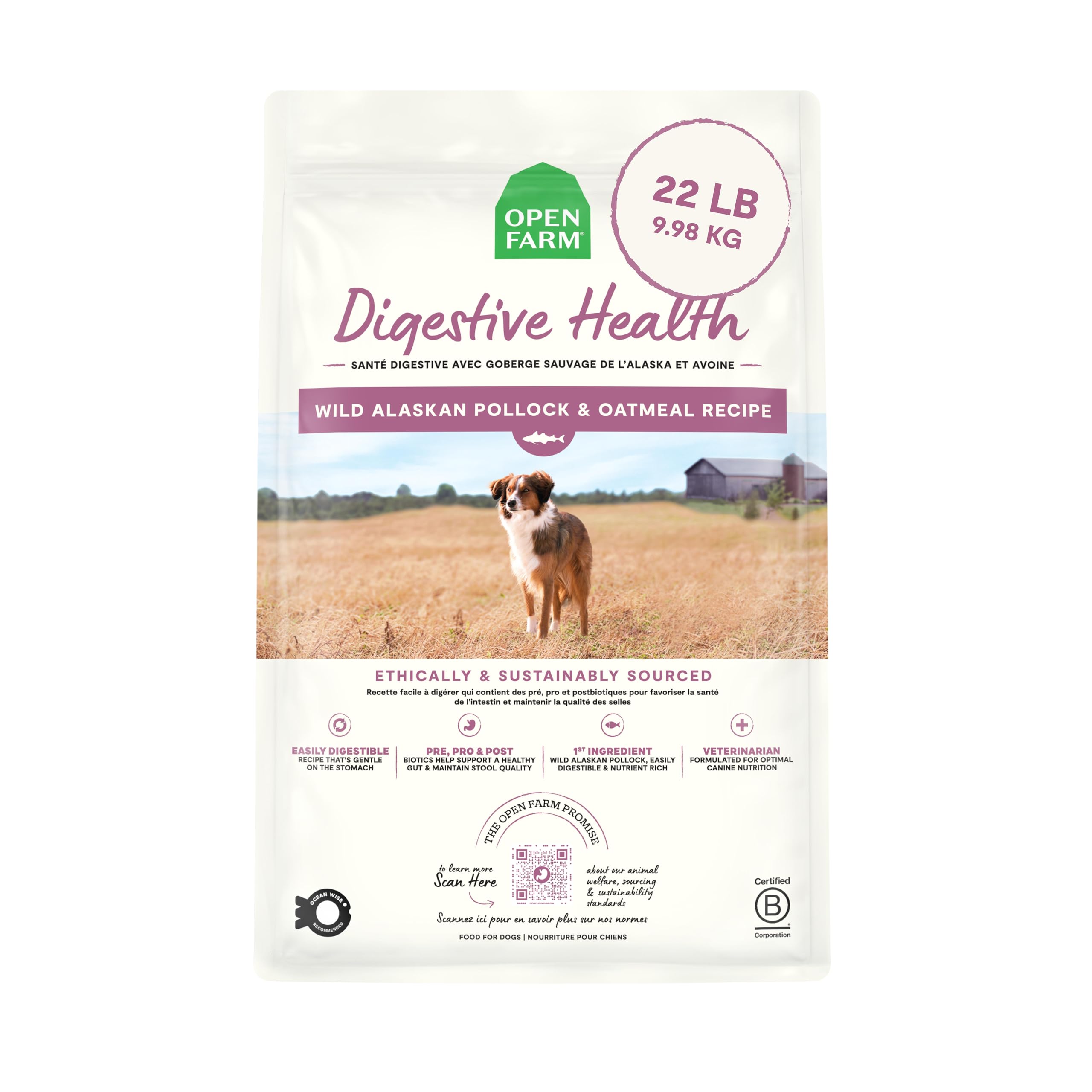 Open Farm sachet avant montrant la recette Pollock et avoine et bénéfice digestif