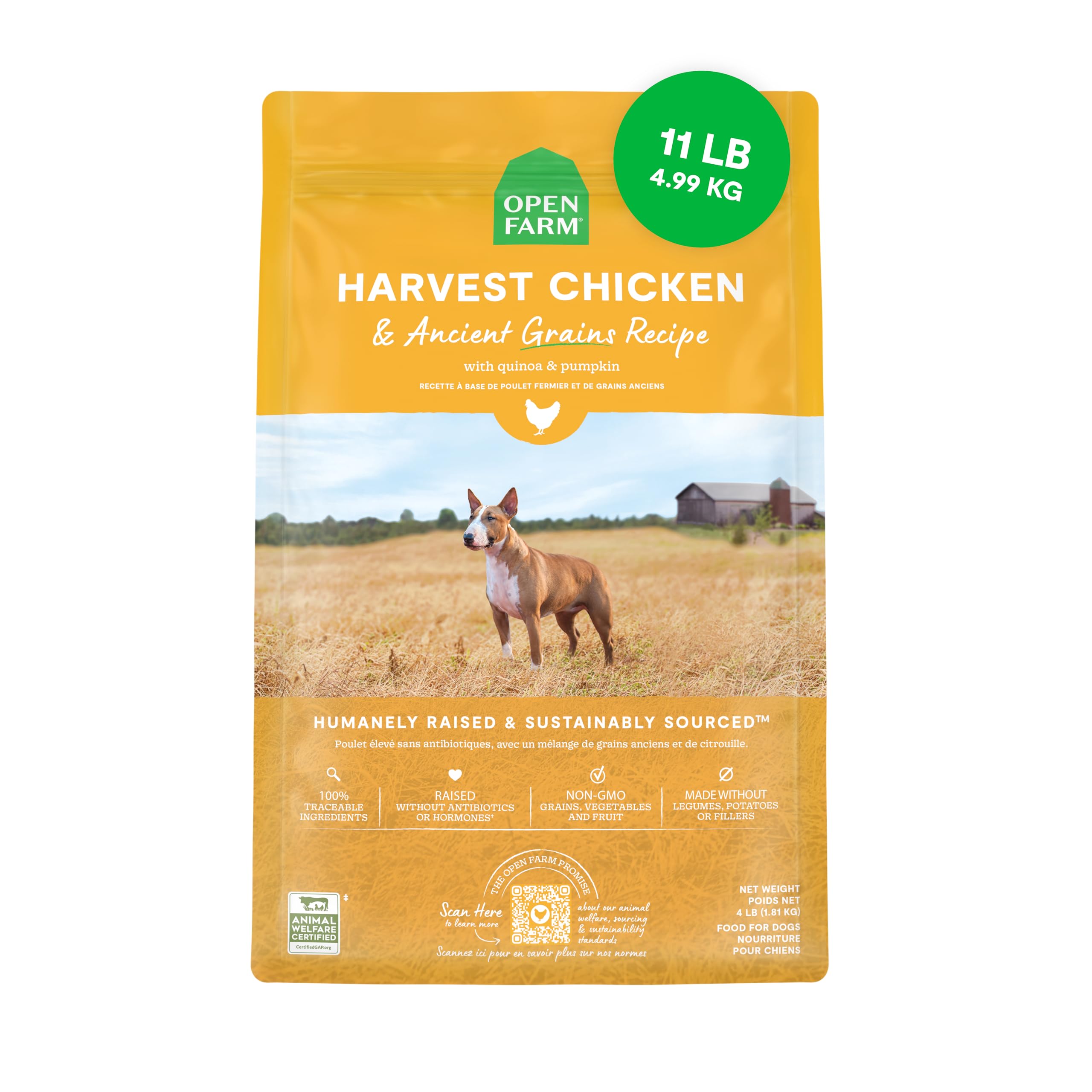 Open Farm sac Harvest Chicken face avant montrant emballage et bénéfice traçabilité