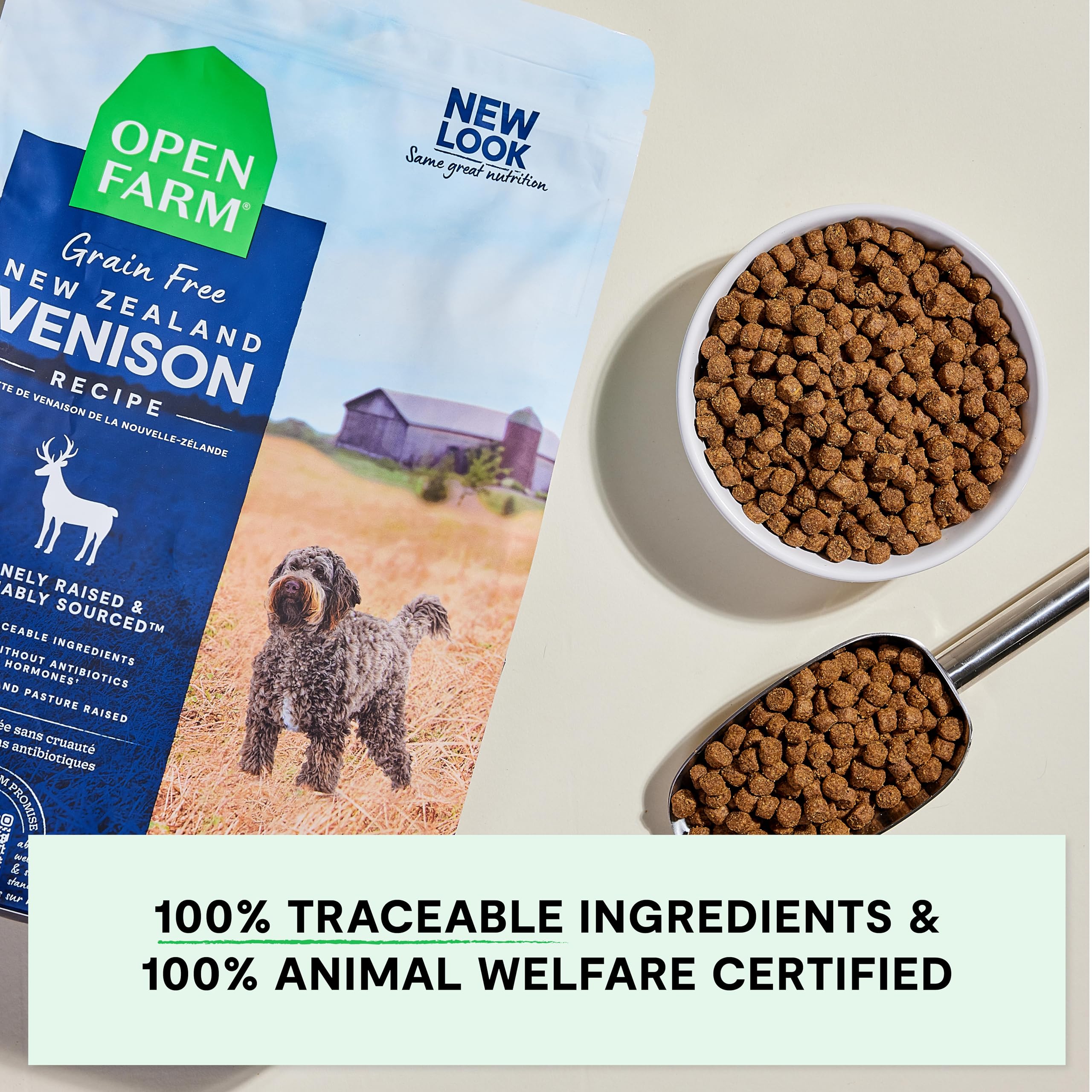 Open Farm bol servi pour chien illustrant portion et énergie