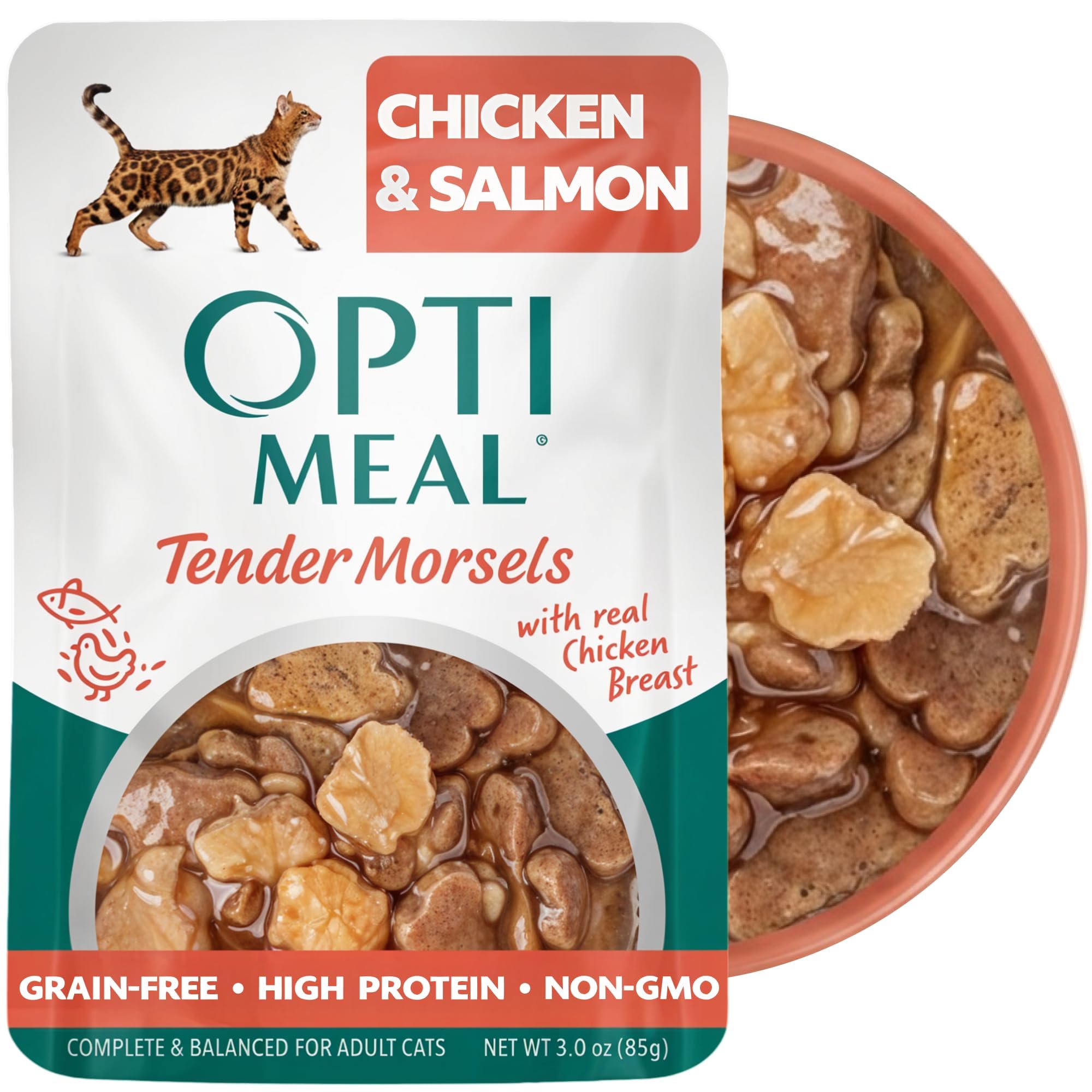 Optimeal emballage avant montrant la recette poulet et saumon, appétence garantie