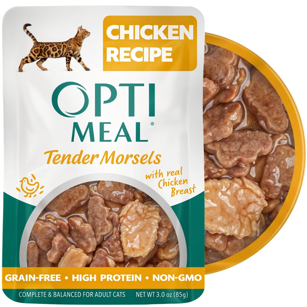 Optimeal sachet avant montrant poulet réel et appétence