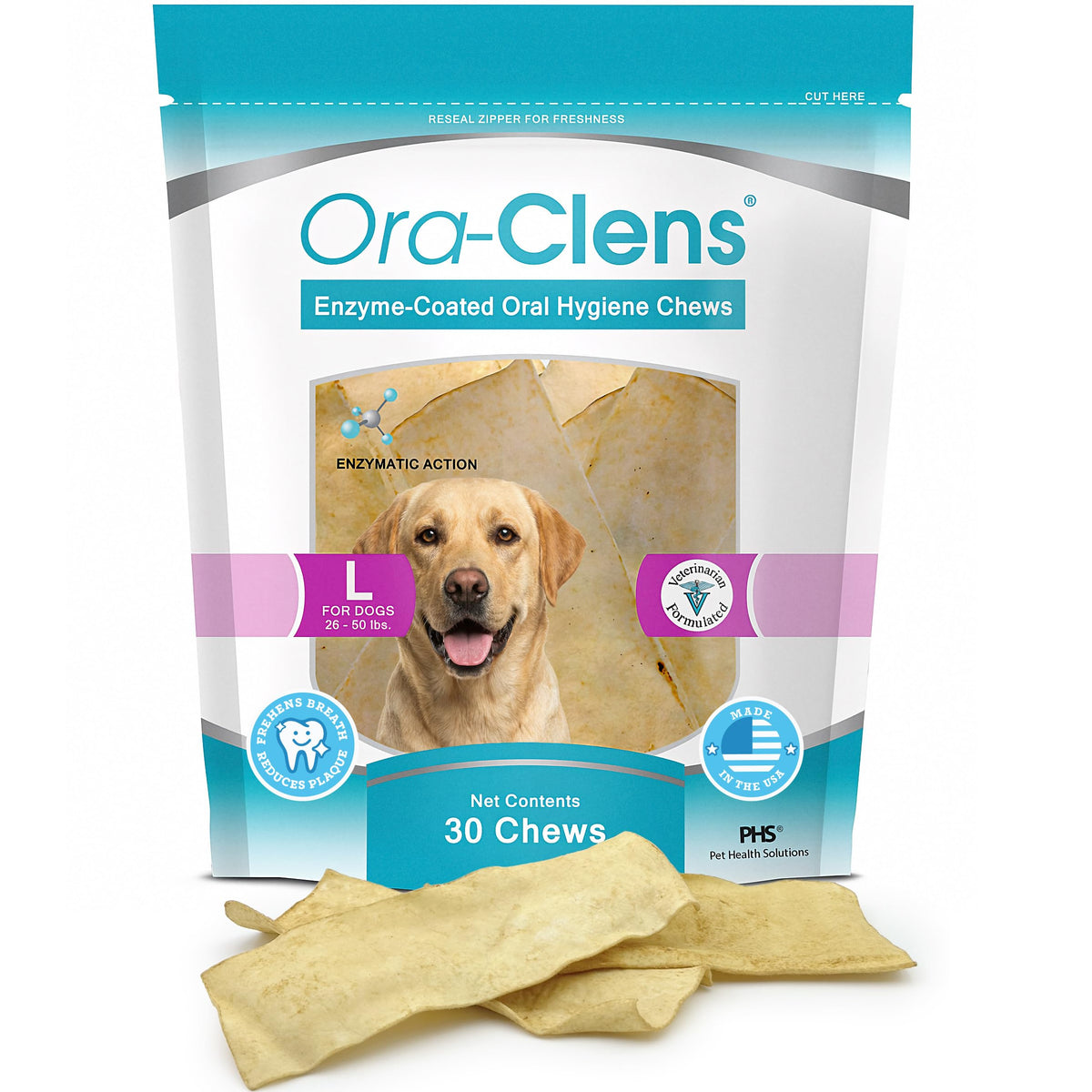 Ora-Clens emballage avant montrant friandises pour grands chiens et bénéfice hygiène