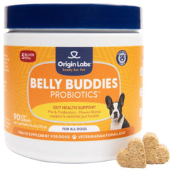 Origin Labs emballage avant des Belly Buddies montrant le format pratique pour une conservation sûre