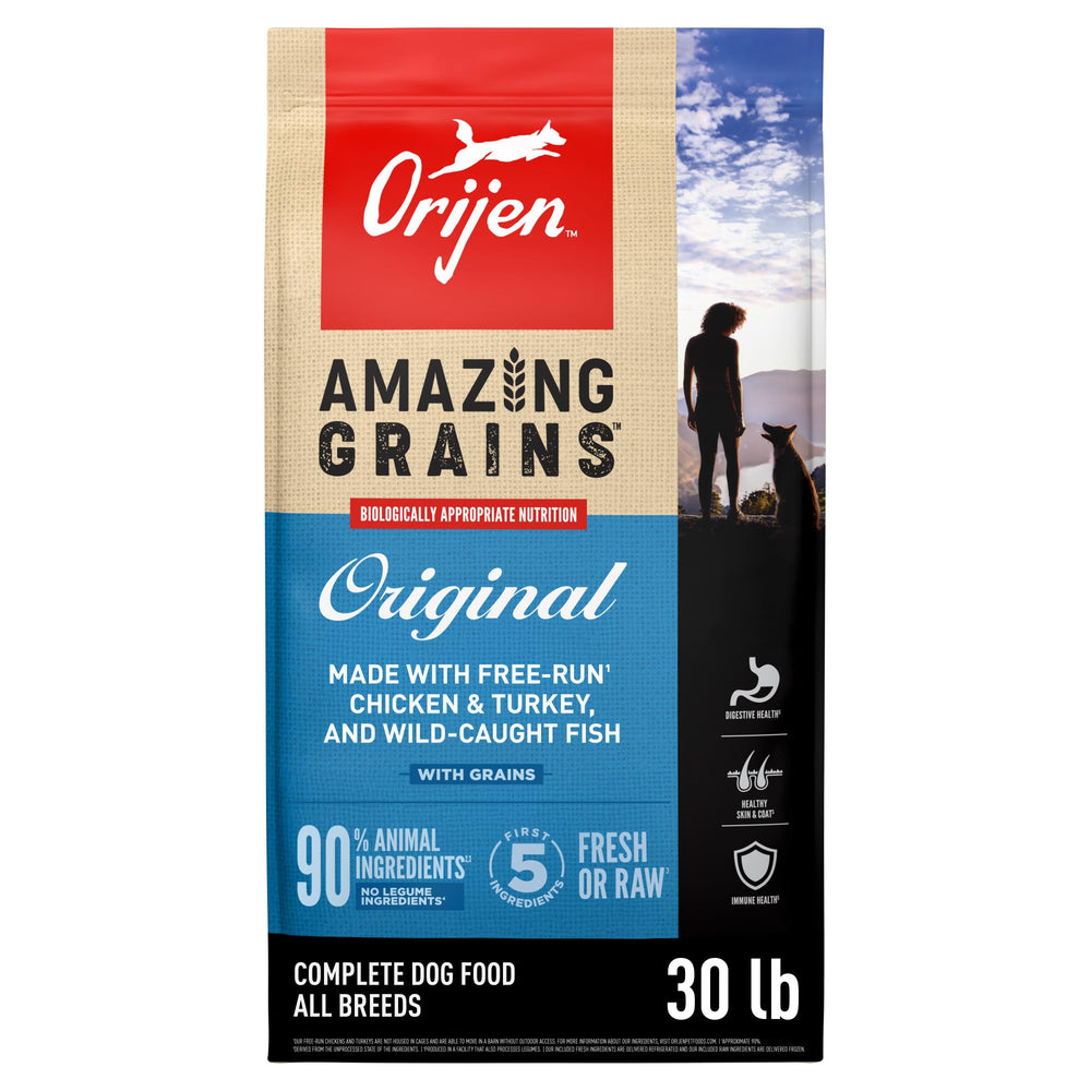 ORIJEN sac 30 lb montrant l'emballage et les bénéfices nutritionnels