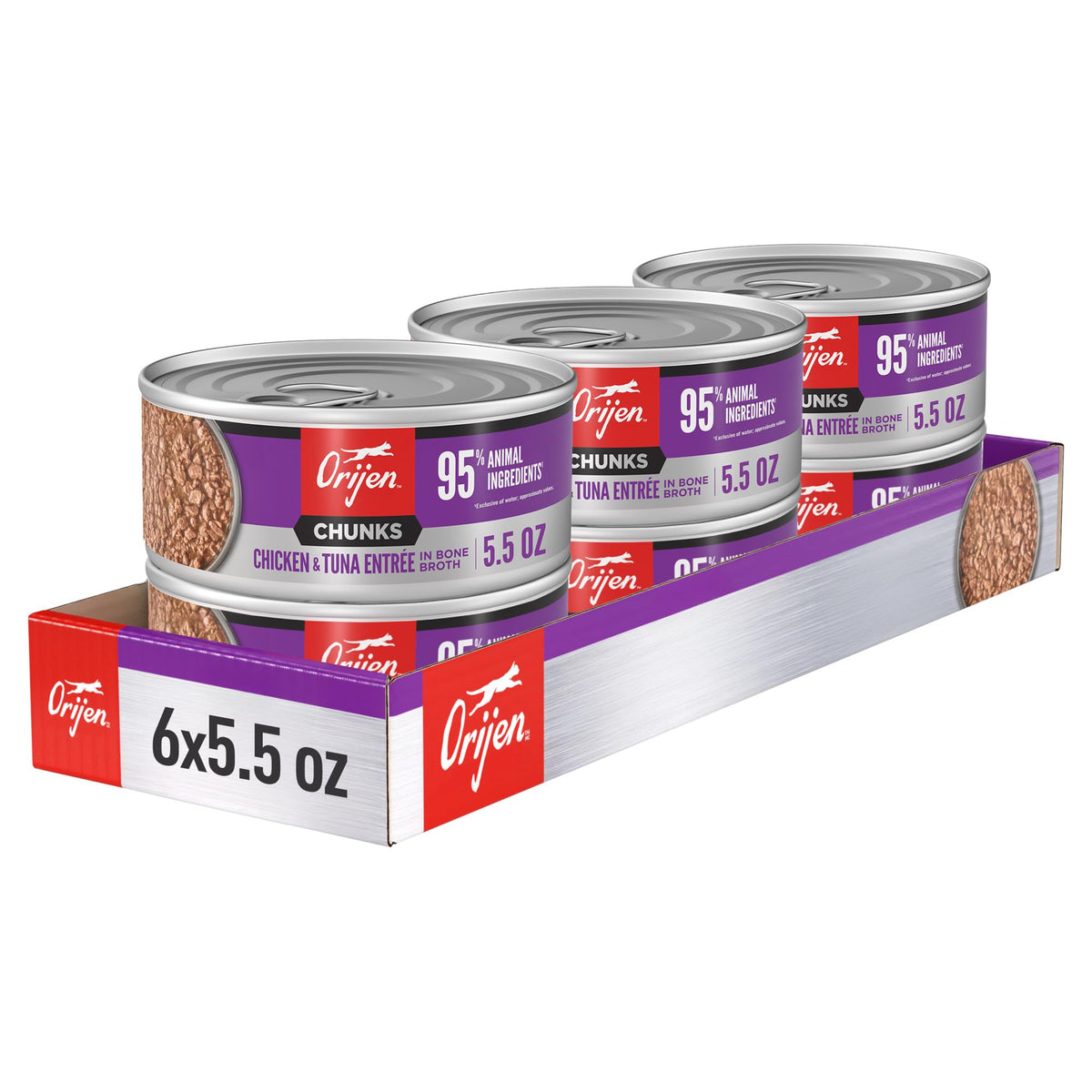 ORIJEN : face de la boîte Kitten Chunks & Shreds montrant la recette riche en viandes