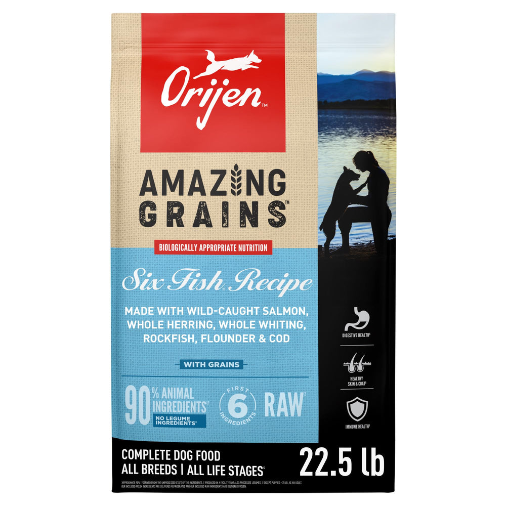 ORIJEN emballage face Six Fish montrant la marque et l’origine naturelle