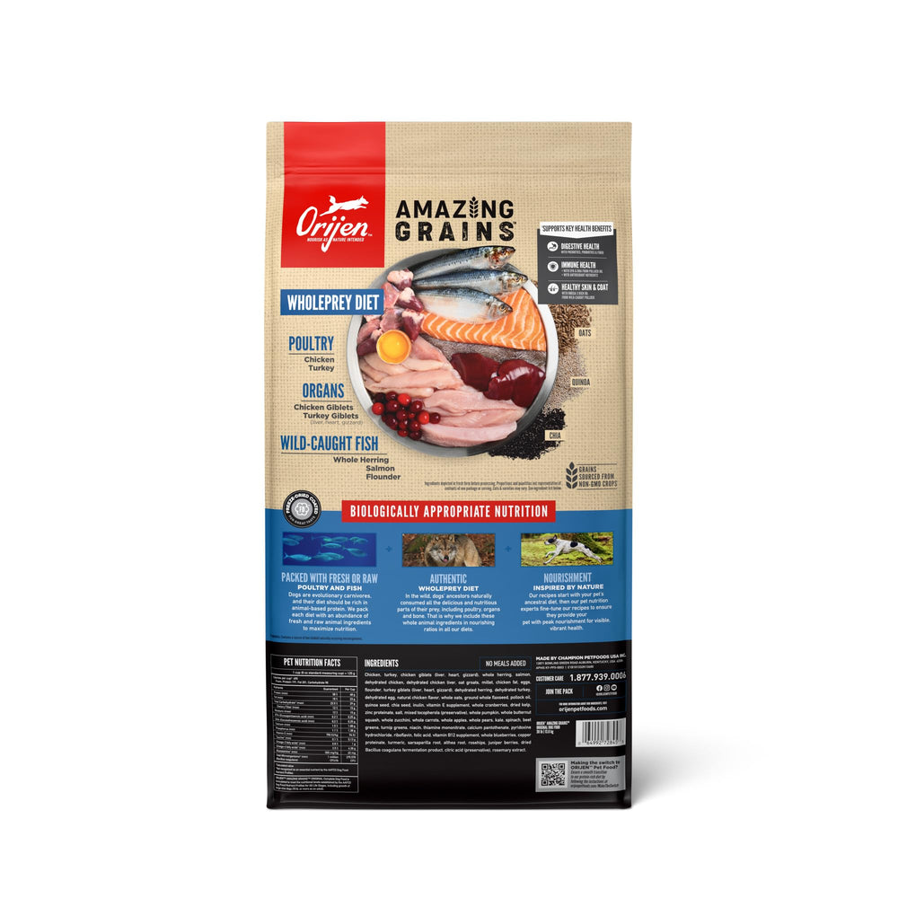 ORIJEN étiquette zoom affichant ingrédients clés et valeurs nutritives