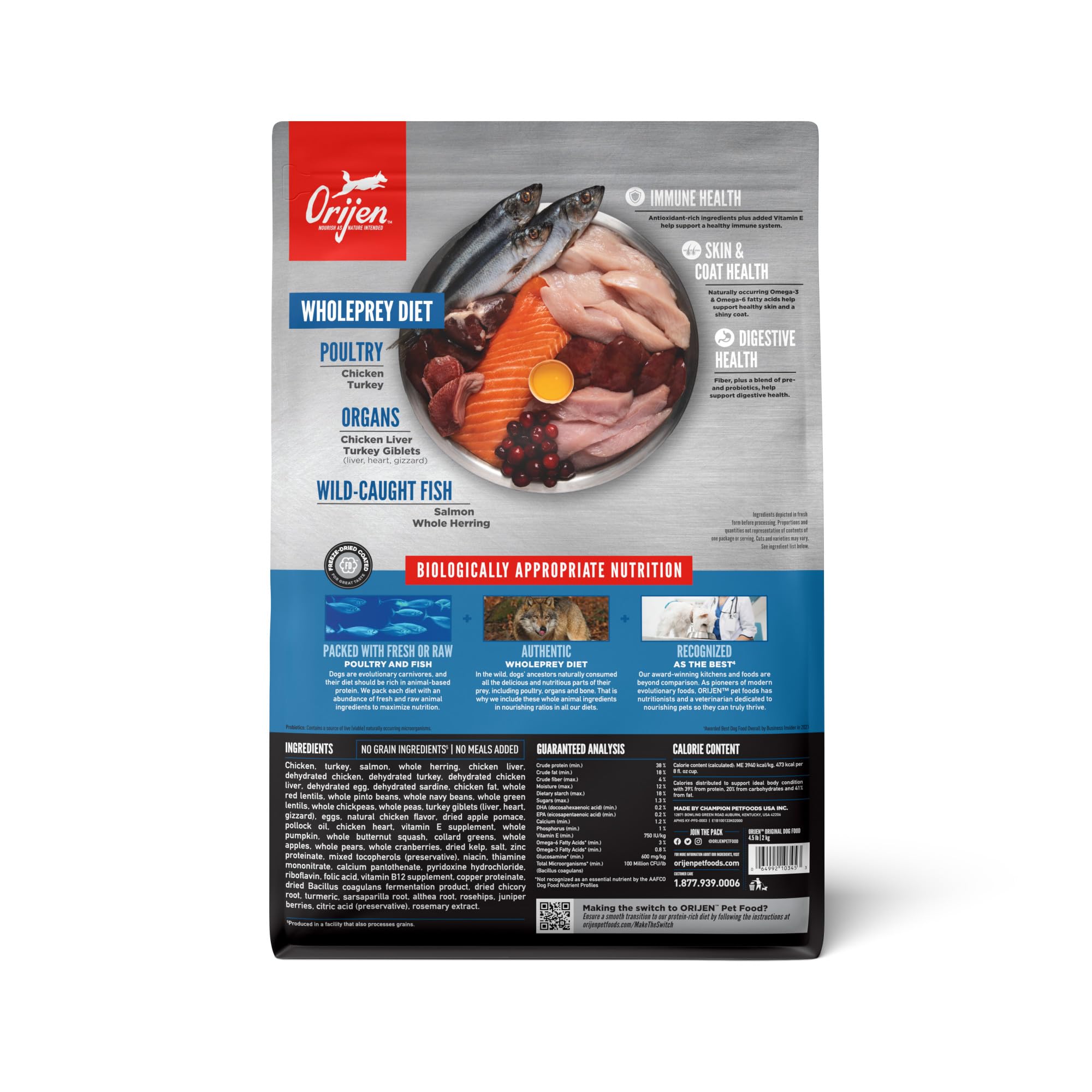 ORIJEN gros plan des croquettes montrant texture riche et appétence