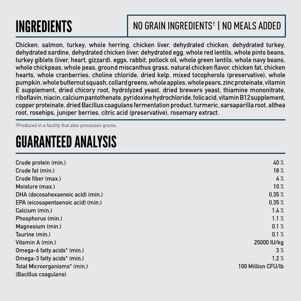 ORIJEN étiquette nutritionnelle montrant sources animales variées