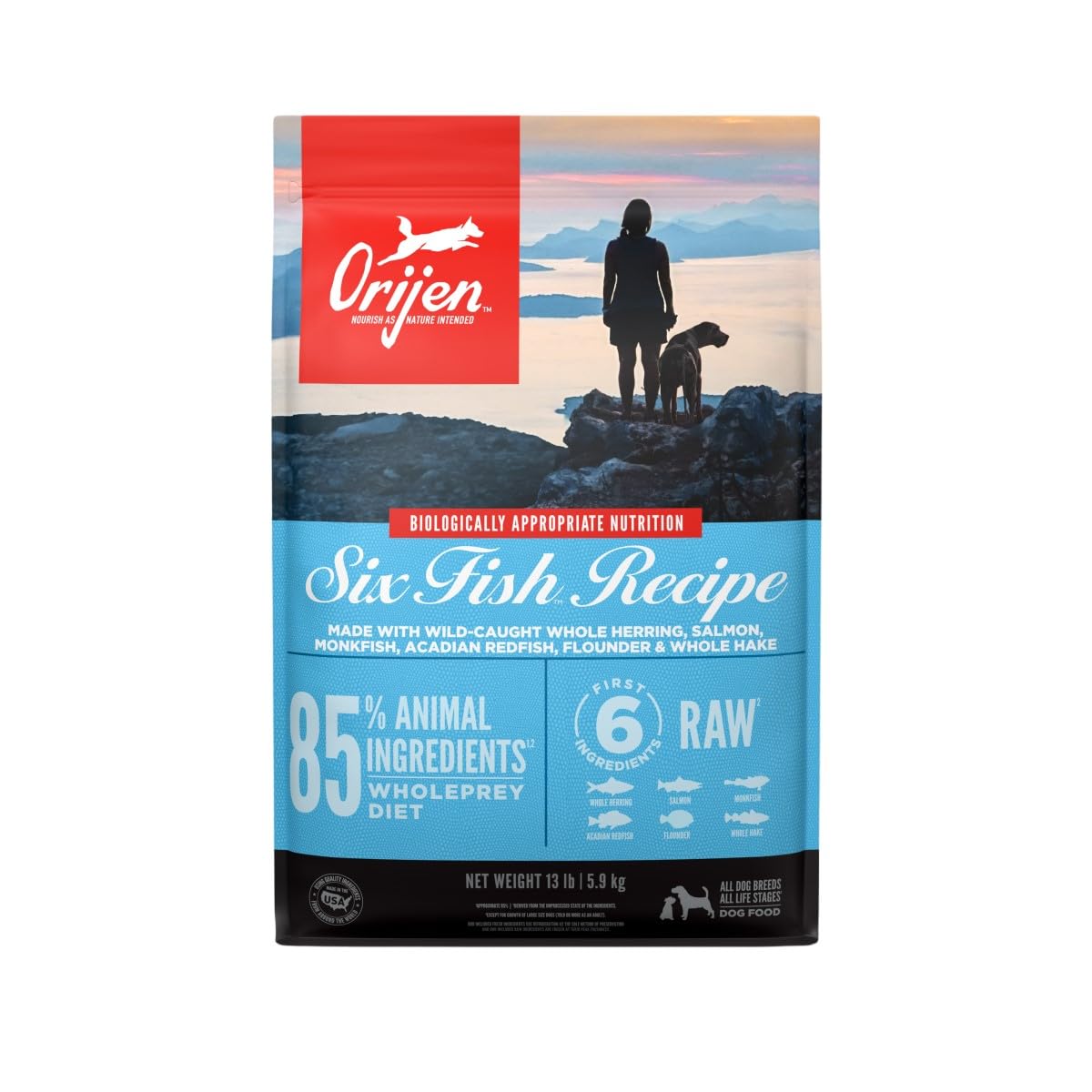 ORIJEN emballage Six Fish 13 lb montrant le sac et l’étiquette, qualité nutritionnelle