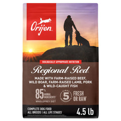 ORIJEN face du sac REGIONAL RED montrant la recette sans volaille et bénéfice protéines